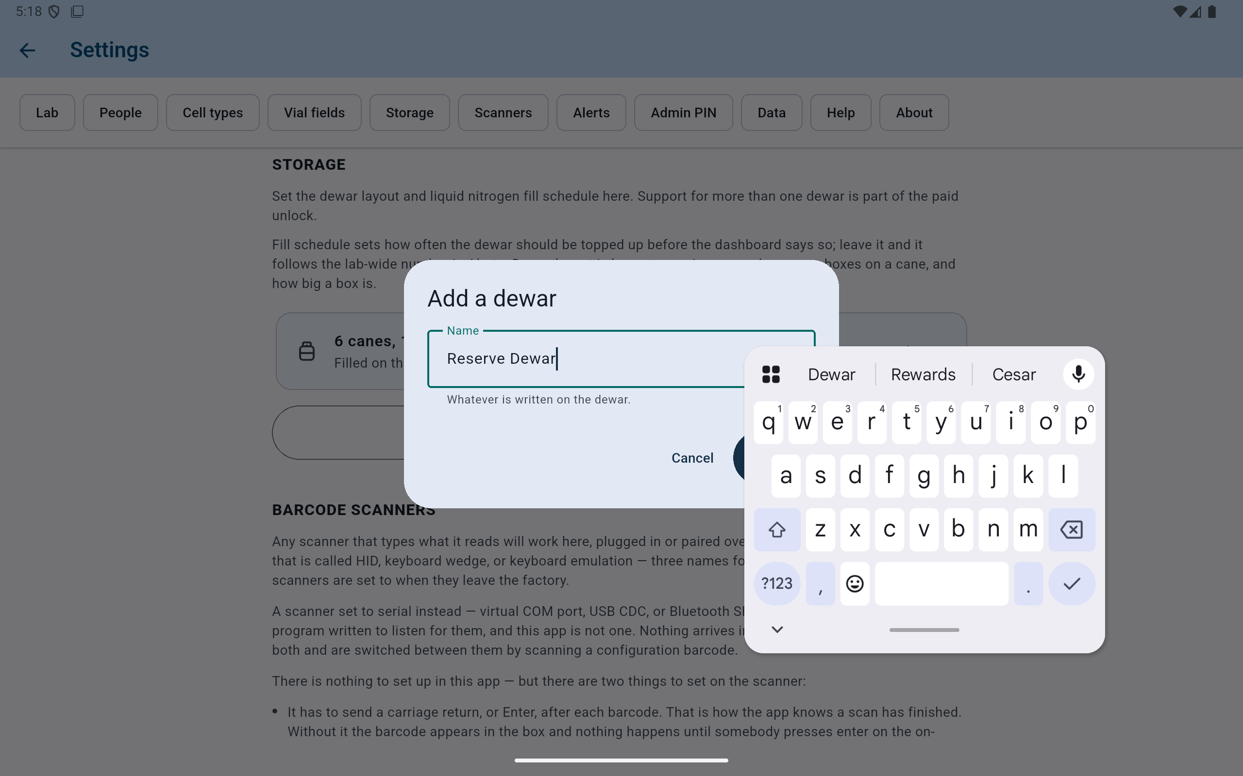 CryoIndex dialog for naming an additional physical dewar.
