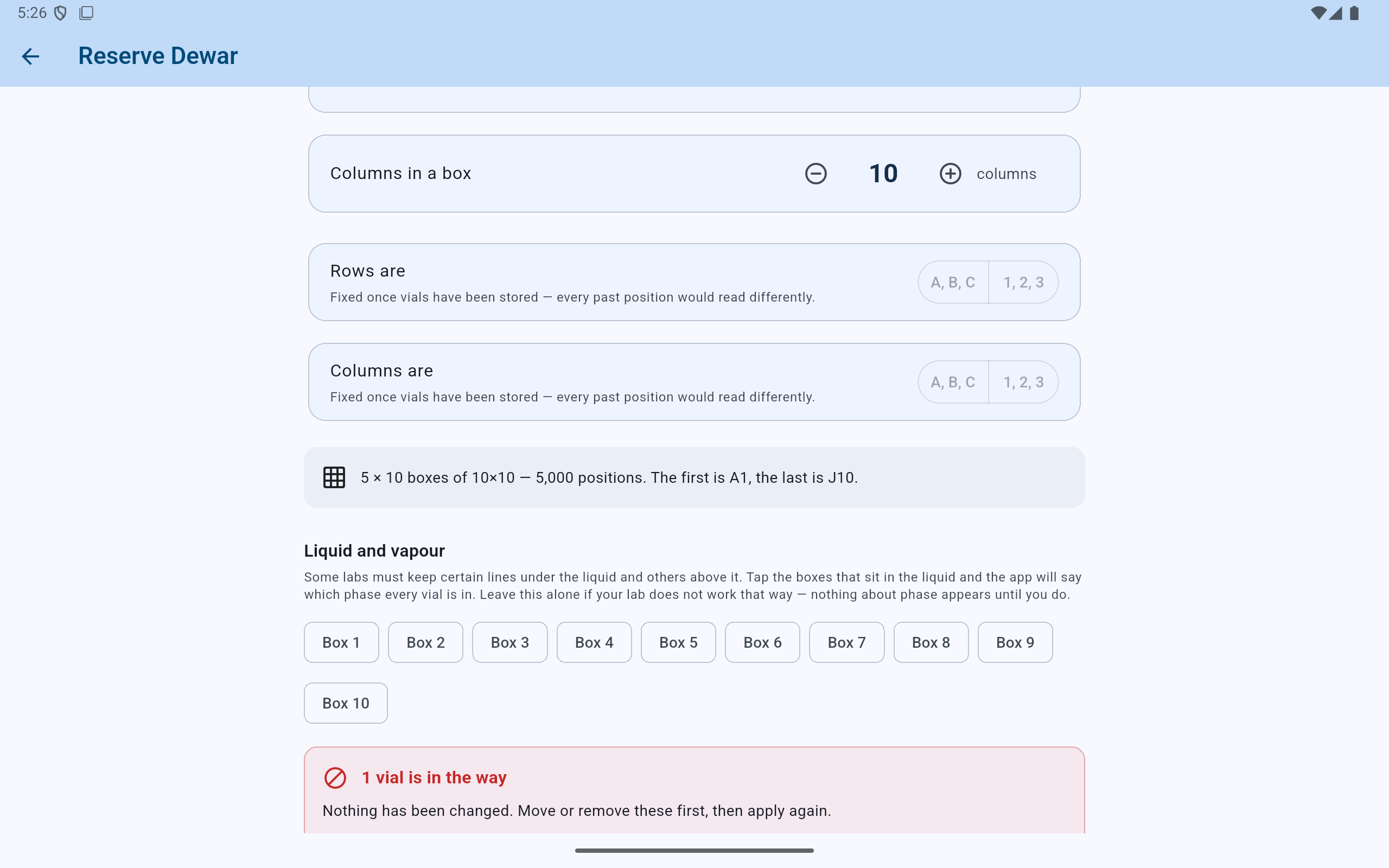 CryoIndex refusing a dewar layout reduction because a vial occupies a location that would be removed.