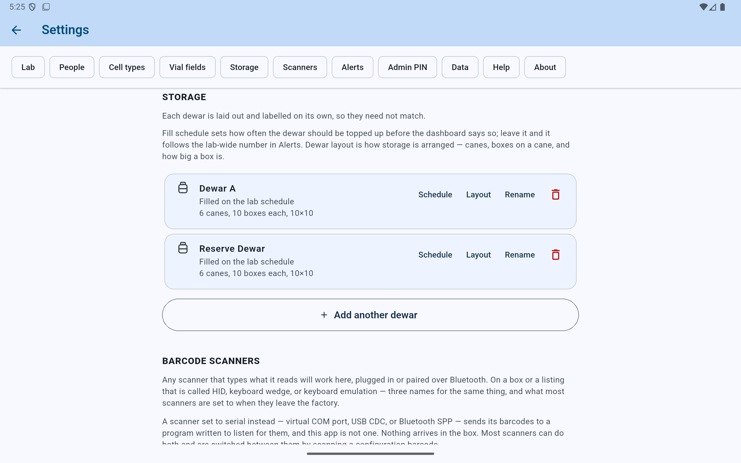CryoIndex Storage settings showing two dewars with separate layouts and fill schedules.