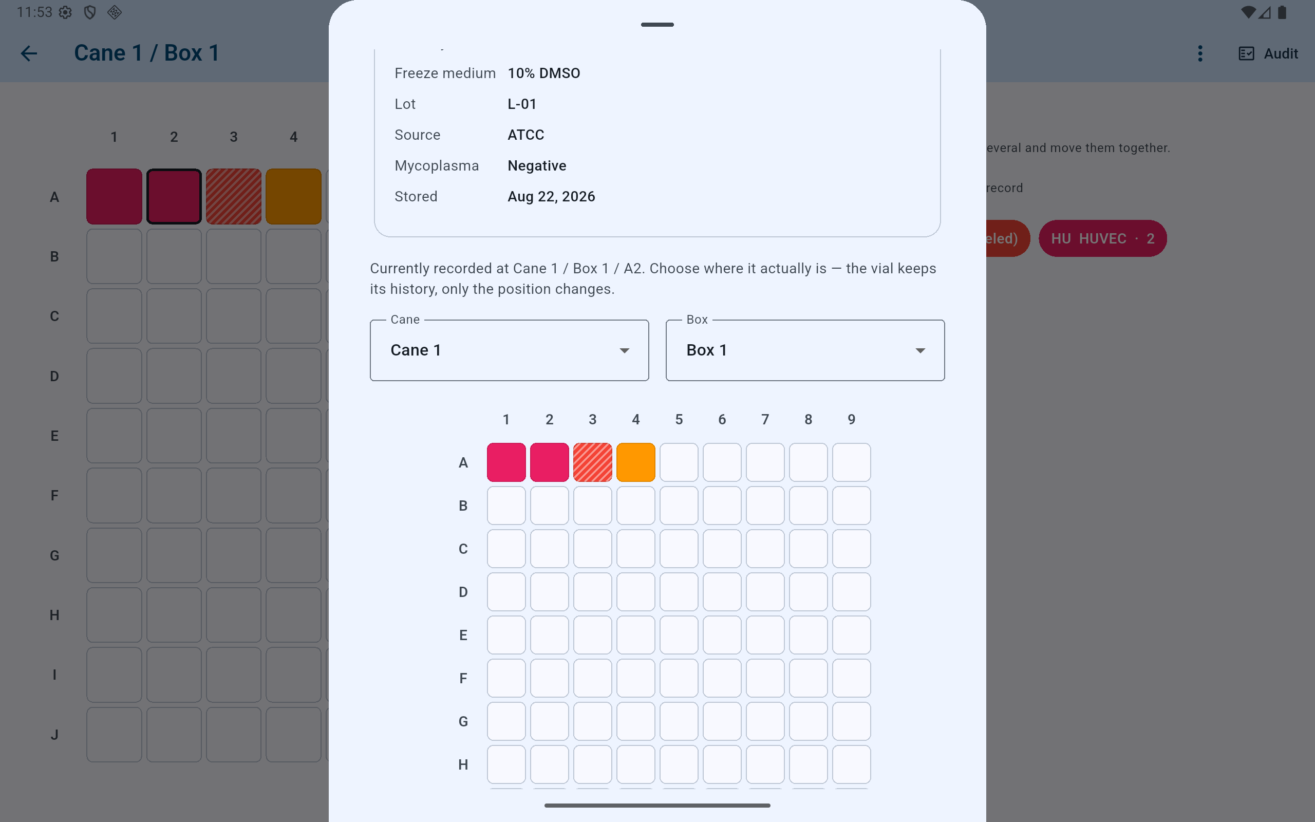 CryoIndex move-vial sheet showing the current recorded address, destination cane and box selectors, and the destination box grid.