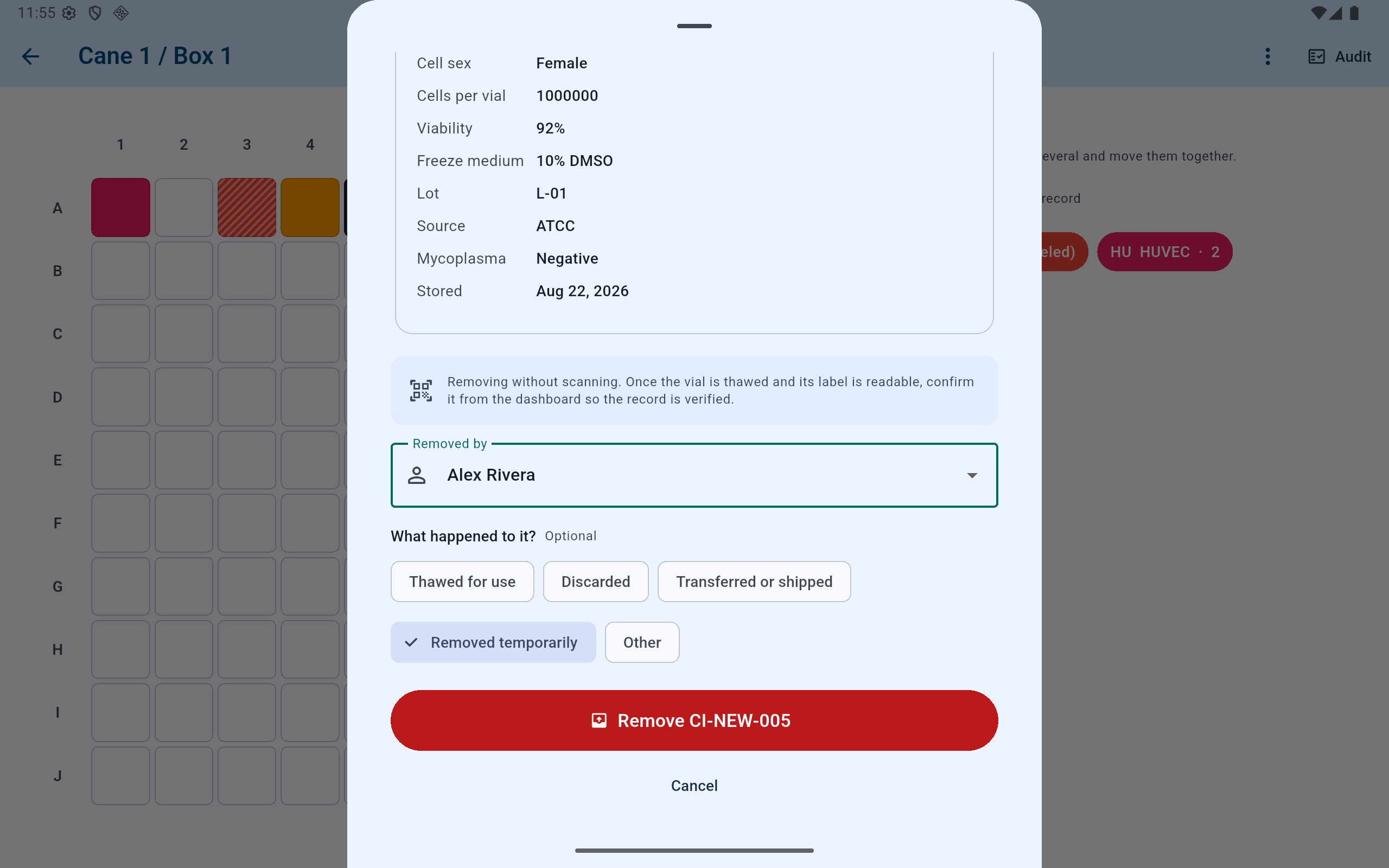 CryoIndex removal sheet showing the removed-by user, optional disposition choices, a notice that barcode confirmation is still required, and the final Remove action.