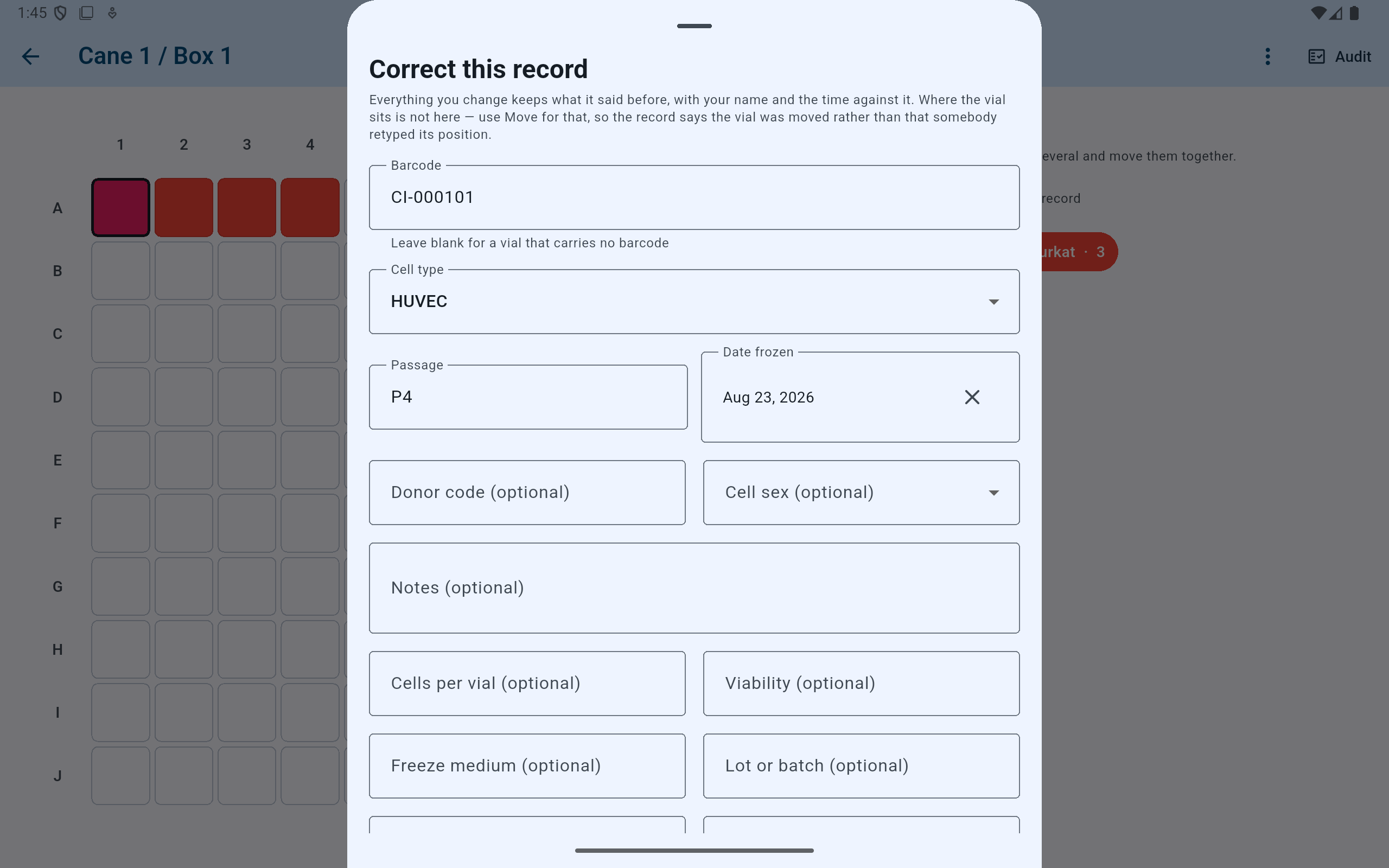 CryoIndex correction form showing the current barcode, cell type, passage, freeze date, and optional vial metadata.
