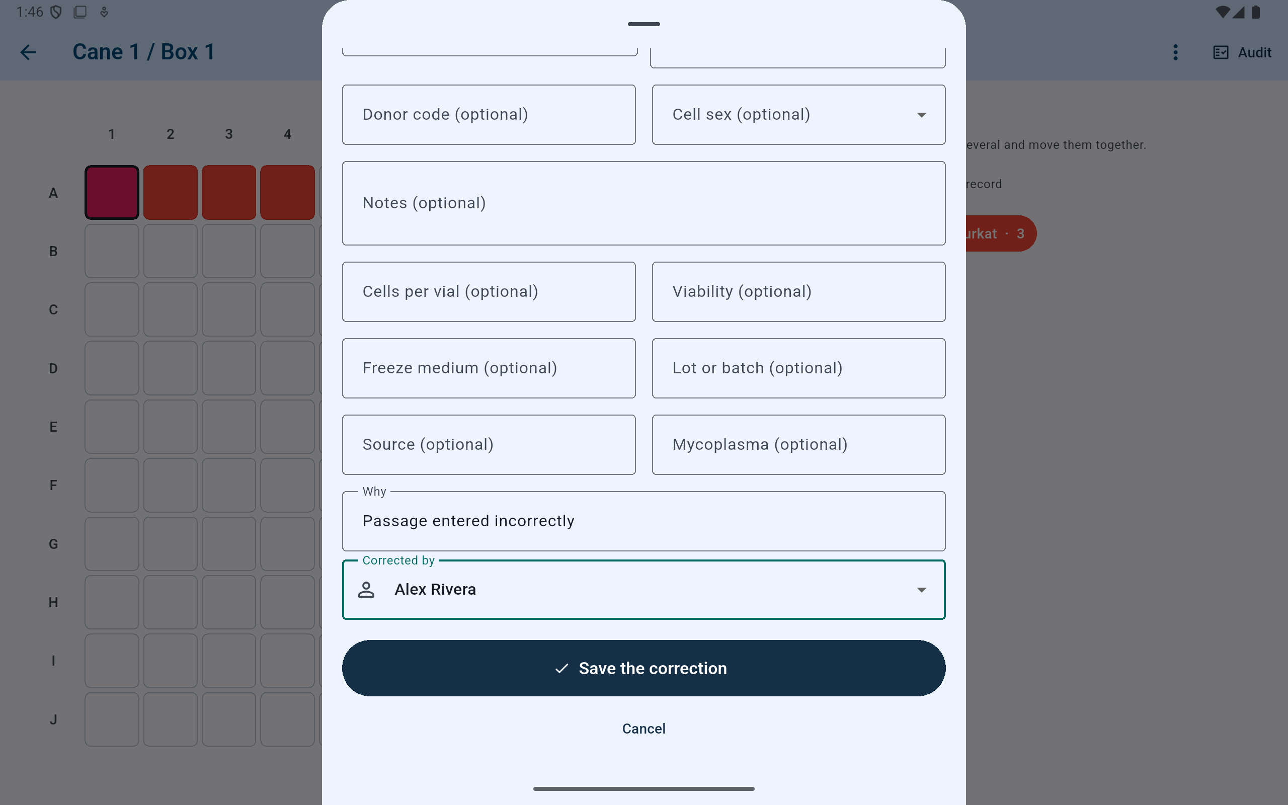 Lower CryoIndex correction form showing the reason Passage entered incorrectly, Alex Rivera as correcting user, and Save the correction.