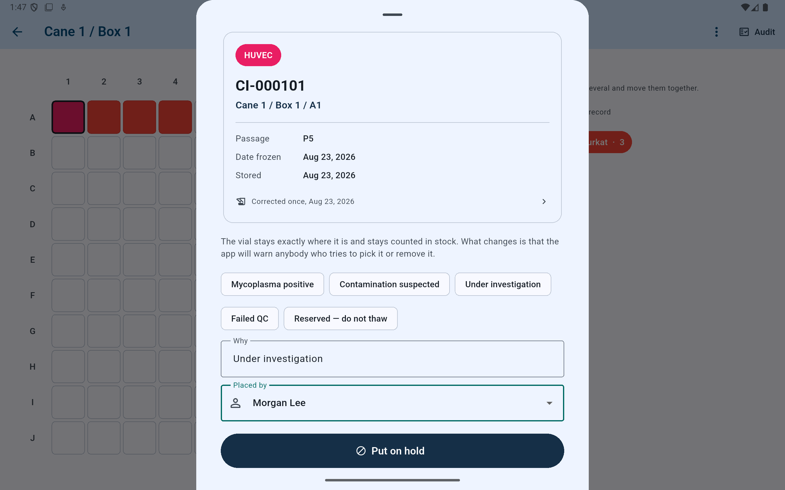 CryoIndex do-not-use hold form showing the reason Under investigation, Morgan Lee as the placing user, and the Put on hold action.