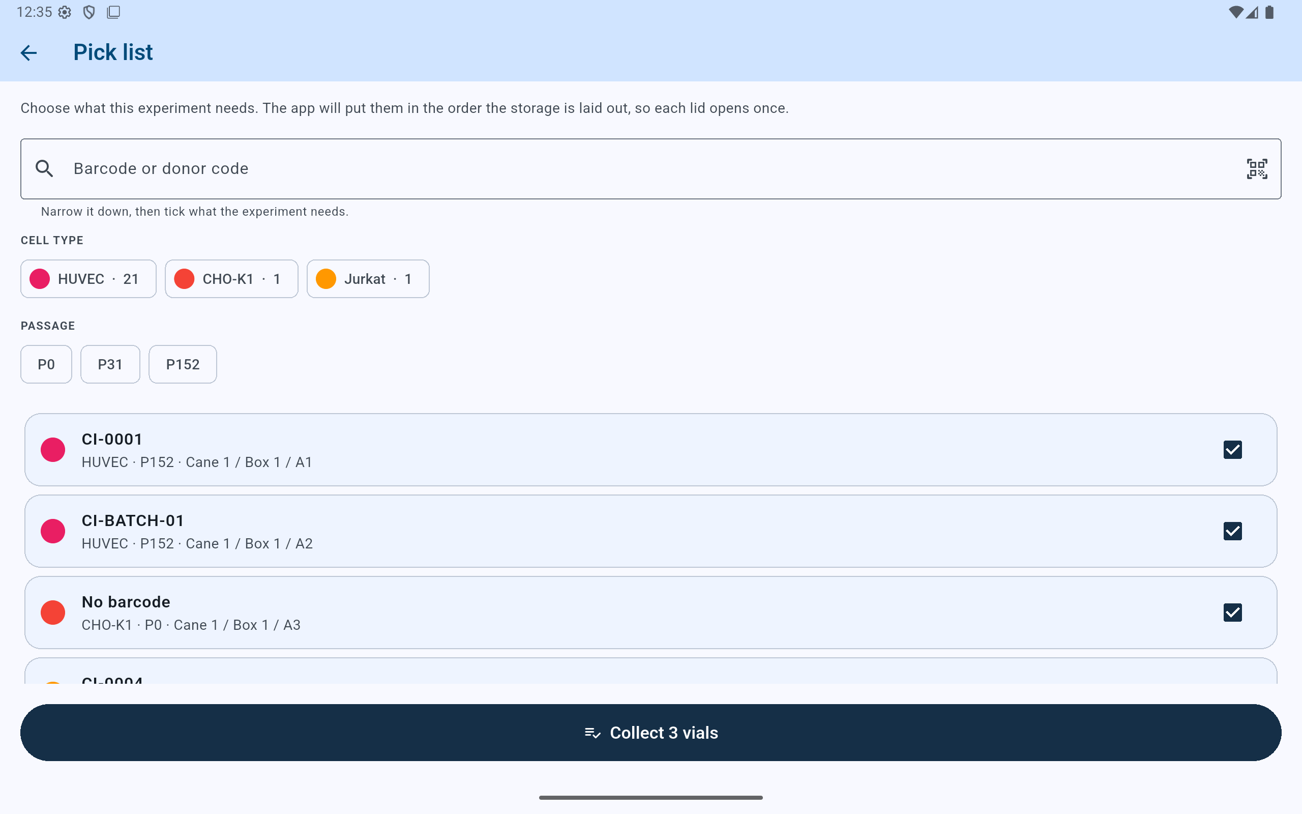CryoIndex pick-list selection showing search and filter controls, three checked vials, and the Collect 3 vials button.