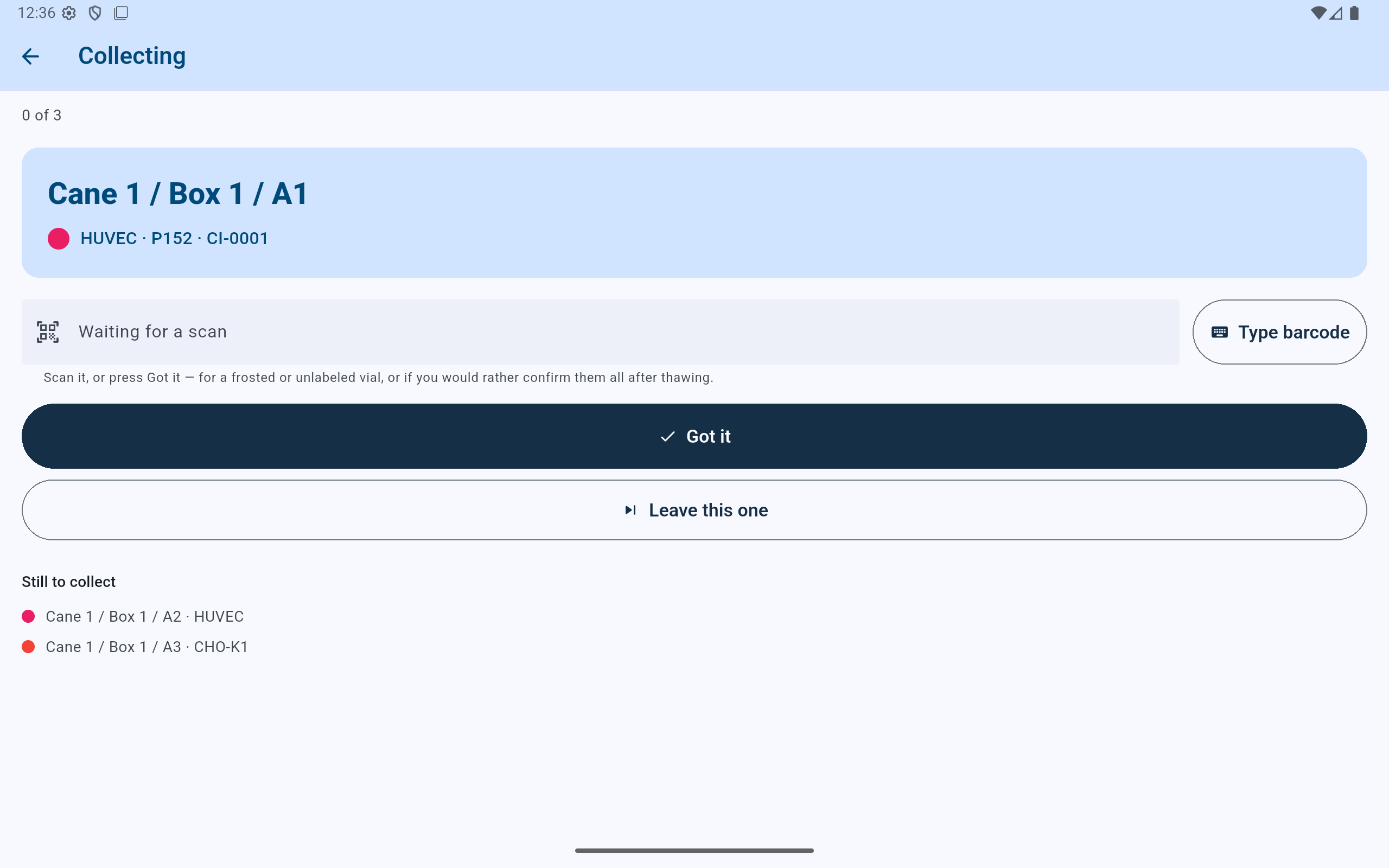 CryoIndex collecting screen showing progress, the next vial's exact address, scan confirmation, Got it, Leave this one, and the remaining list.
