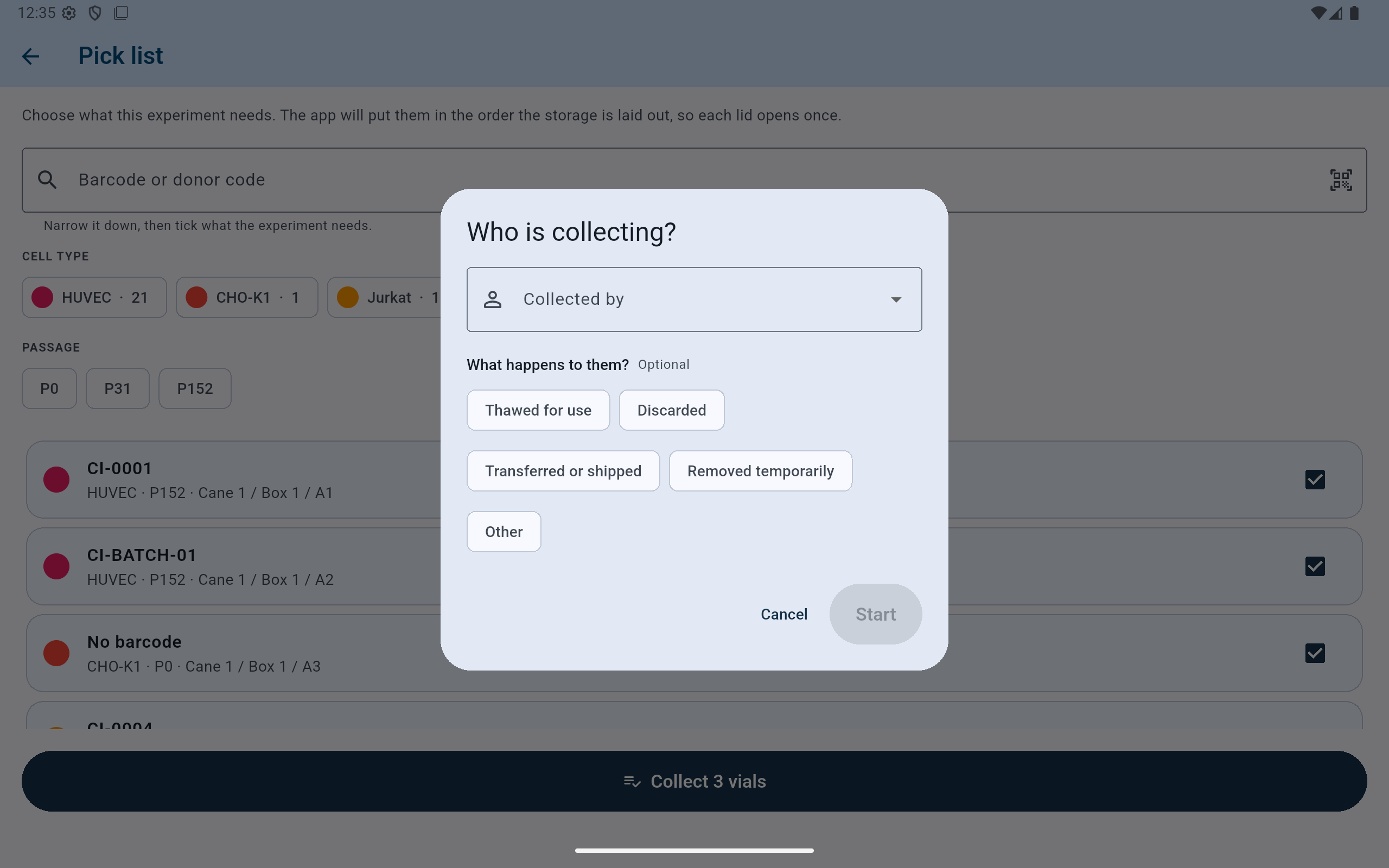 CryoIndex Who is collecting dialog with a required collector and optional disposition choices.