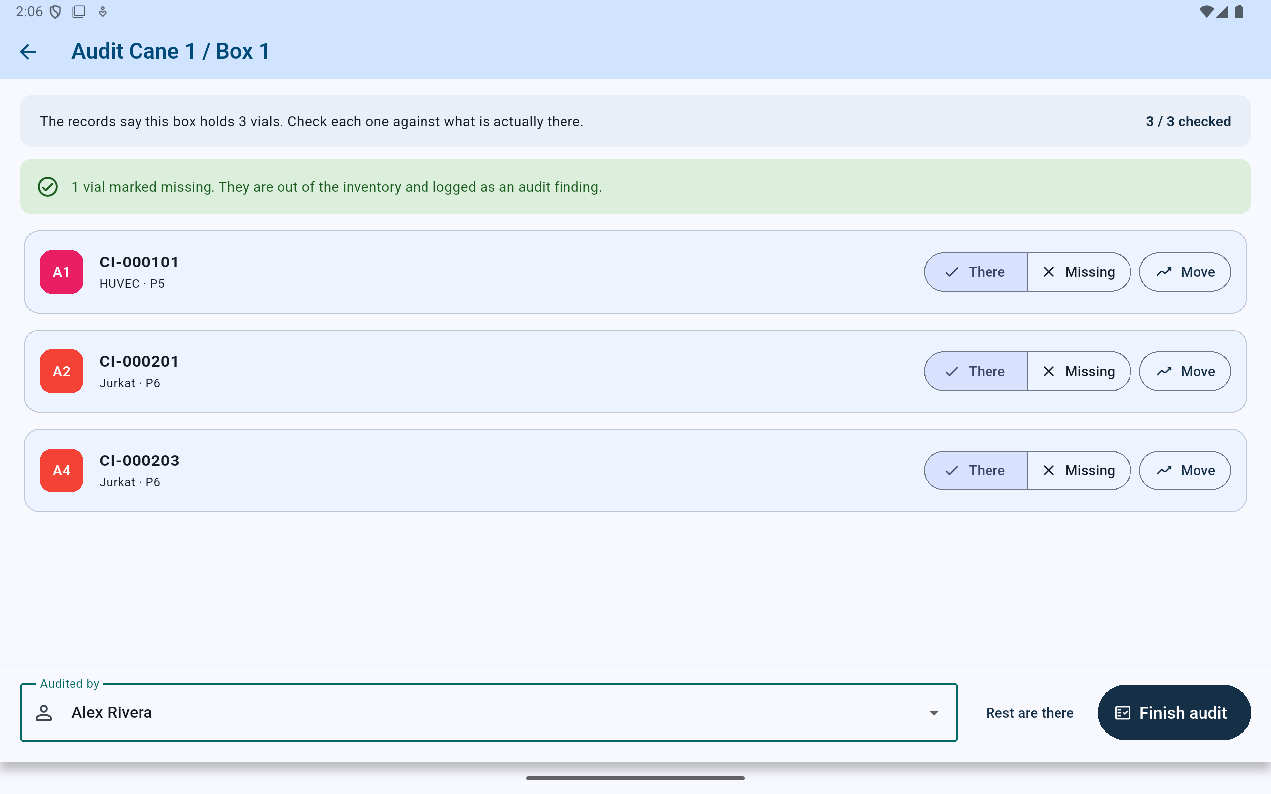 CryoIndex audit screen stating that one vial was marked missing, removed from inventory, and logged as an audit finding.