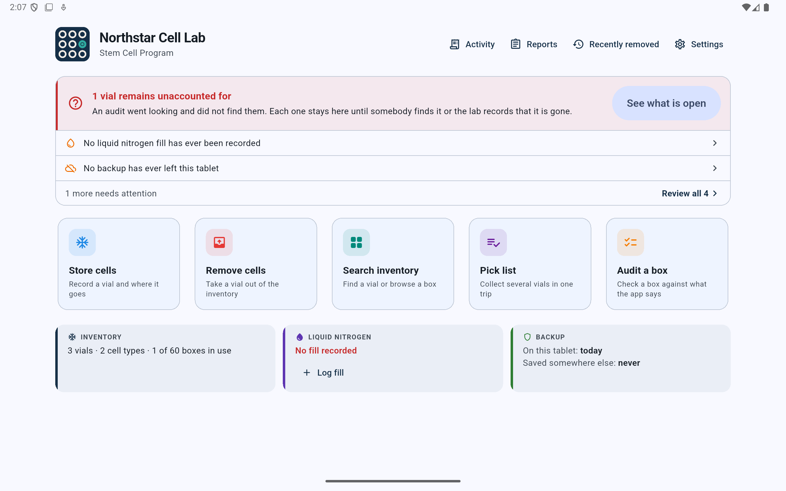 CryoIndex dashboard leading with an alert that one vial remains unaccounted for and a See what is open action.