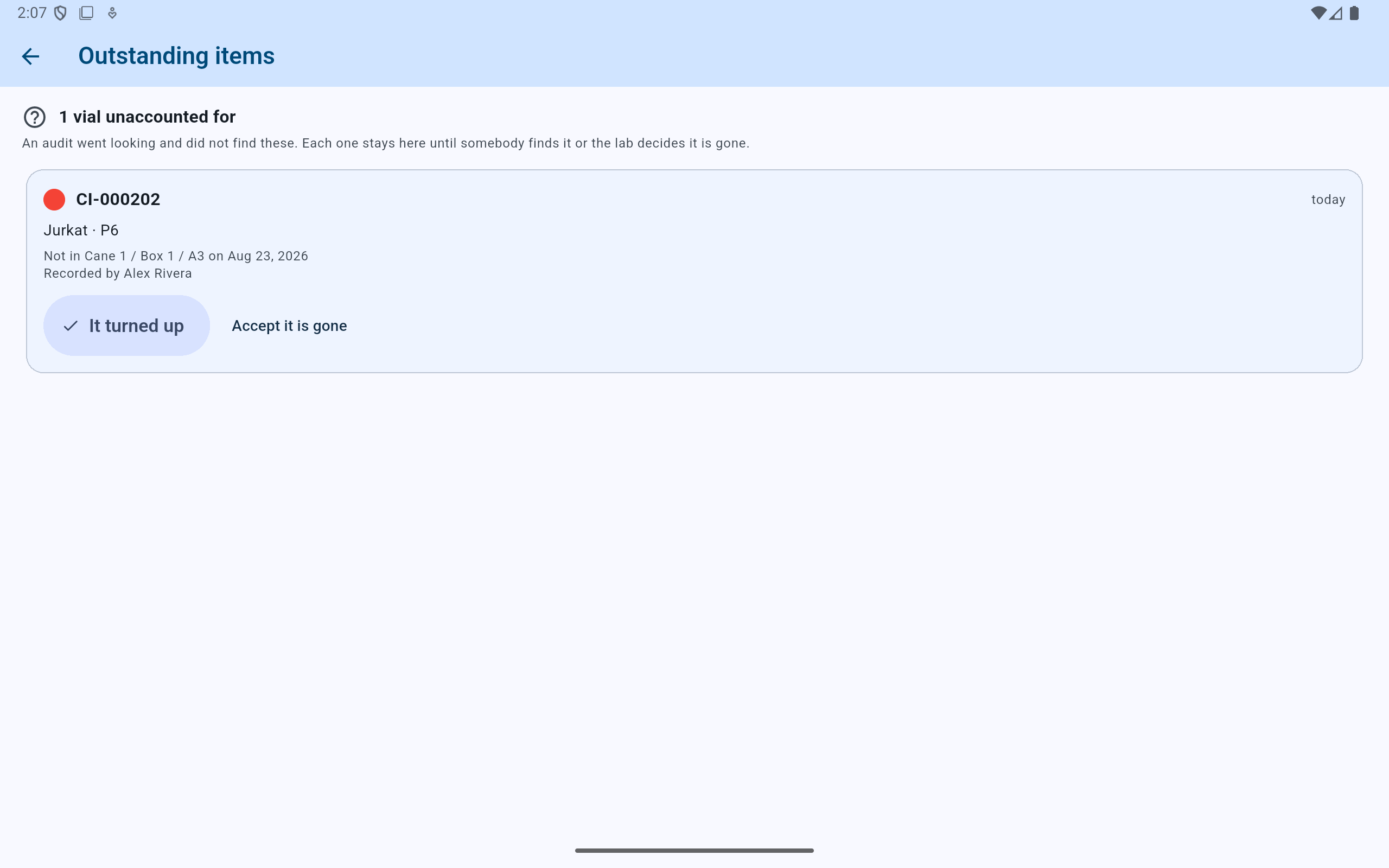CryoIndex Outstanding items showing CI-000202, its A3 location, audit date, Alex Rivera as recorder, and It turned up or Accept it is gone actions.