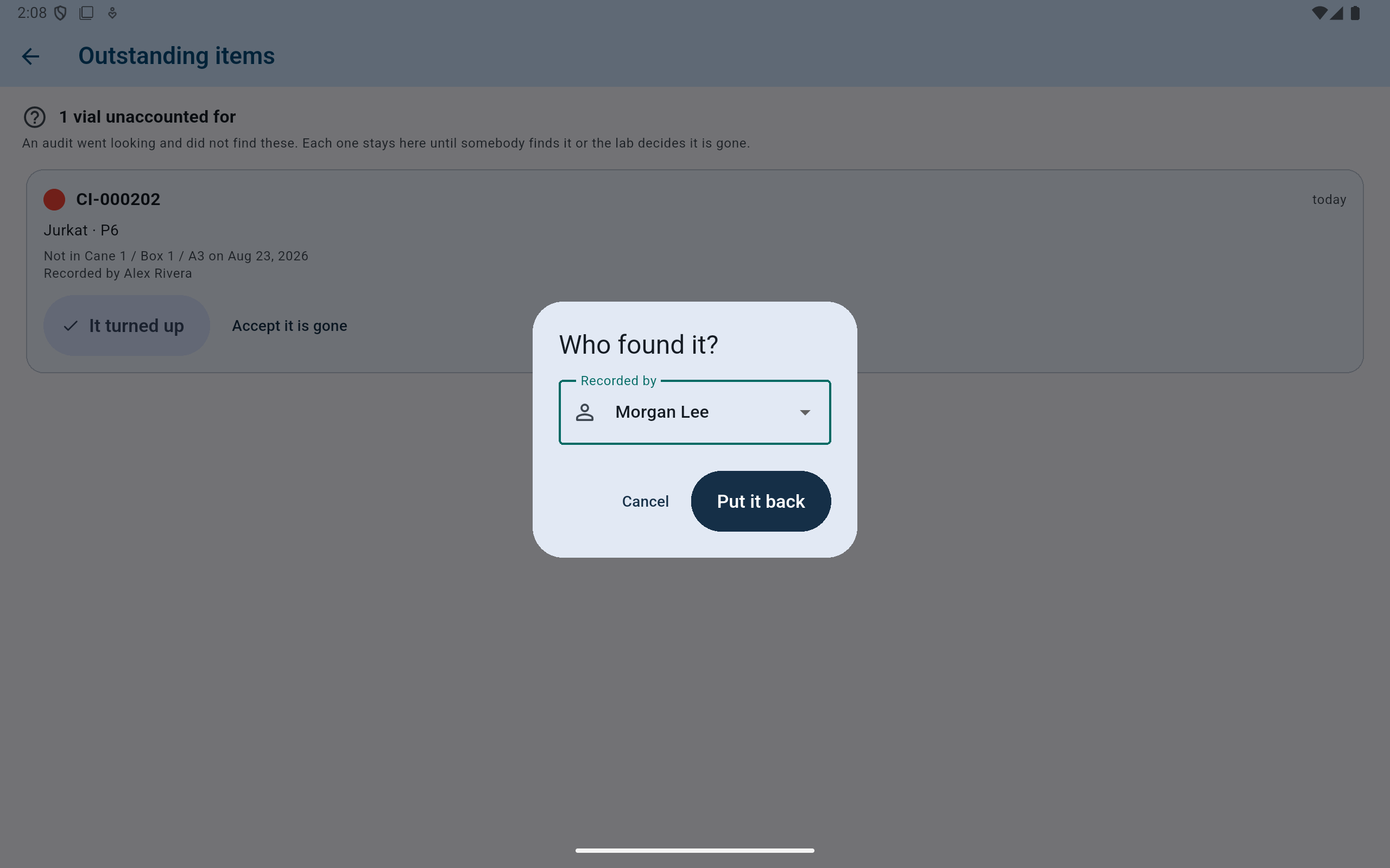 CryoIndex Who found it dialog with Morgan Lee selected and Put it back enabled.