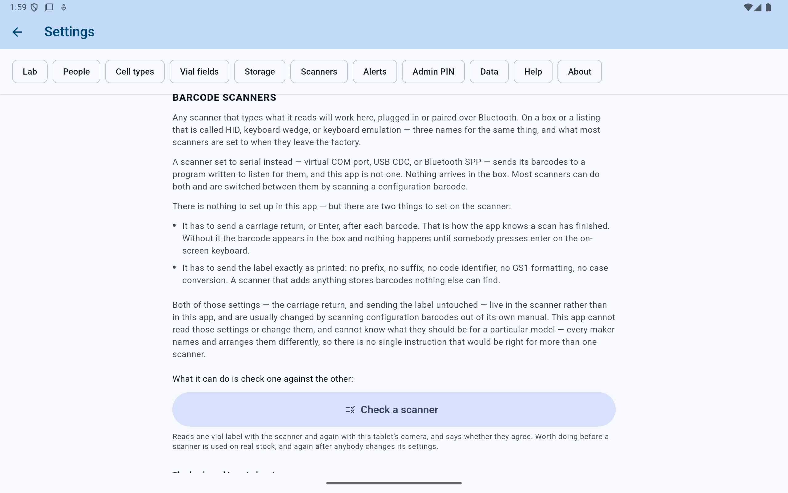 CryoIndex Scanners settings explaining HID keyboard mode, Enter after each barcode, unchanged label text, and the Check a scanner button.
