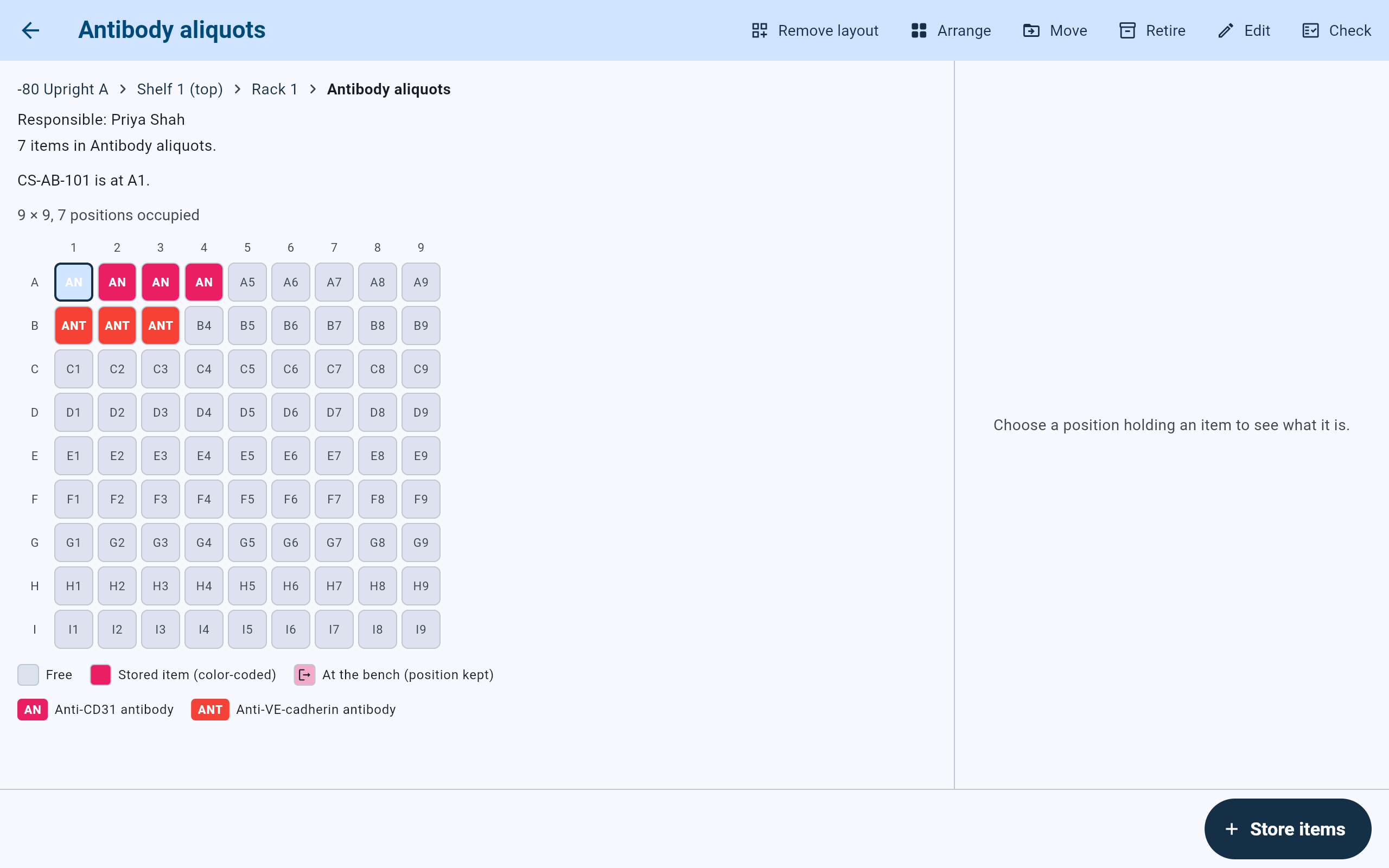 CryoIndex box screen for Antibody aliquots with the path -80 Upright A, Shelf 1 (top), Rack 1, Responsible Priya Shah, 7 items, the line CS-AB-101 is at A1, and a 9 by 9 grid with A1 outlined.