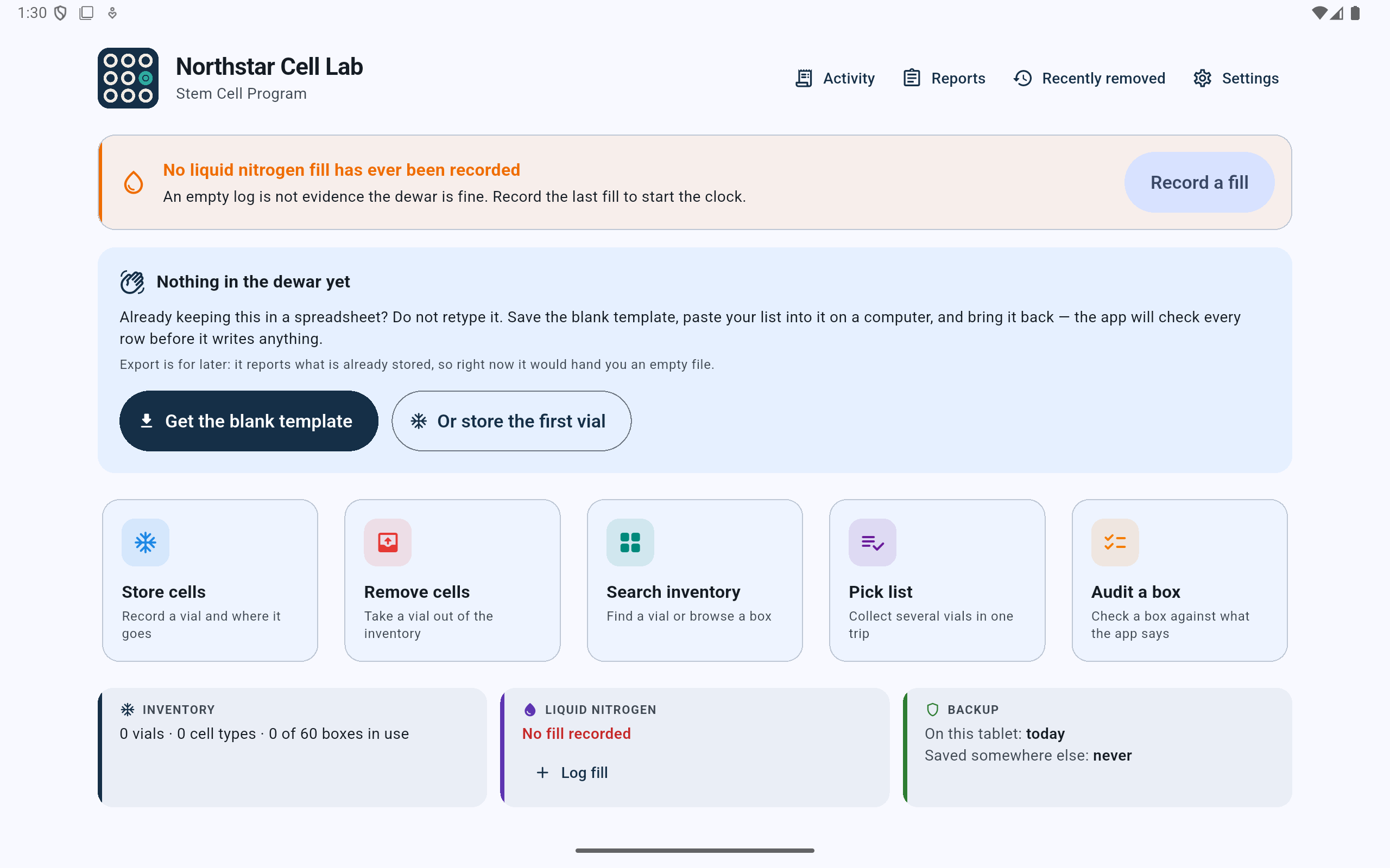 New CryoIndex dashboard for Northstar Cell Lab showing no fill recorded, an empty-dewar import or first-vial prompt, five task cards, zero inventory, and no off-tablet backup.