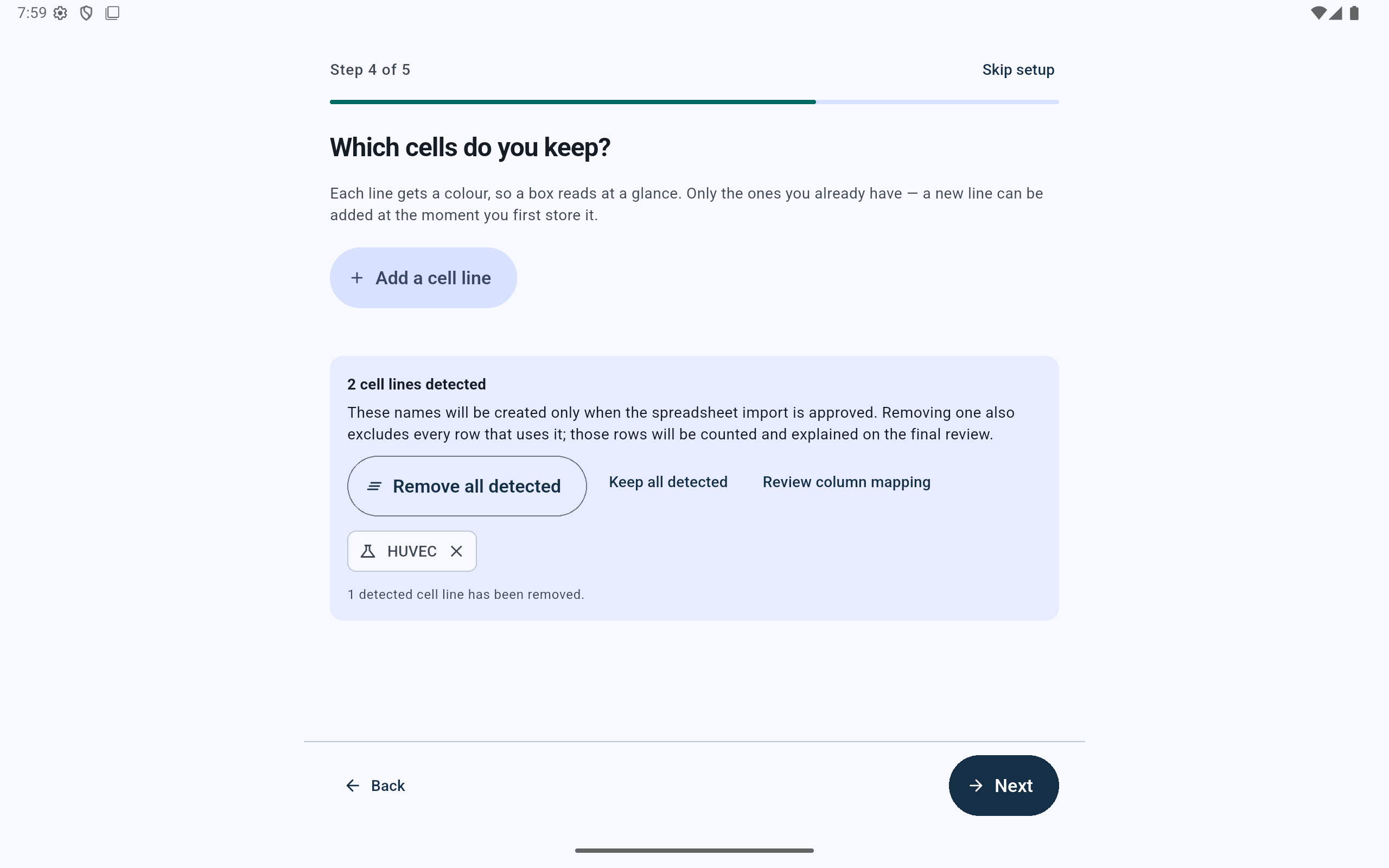 CryoIndex cell-line review with controls to remove all detected names, keep them, or review the column mapping.