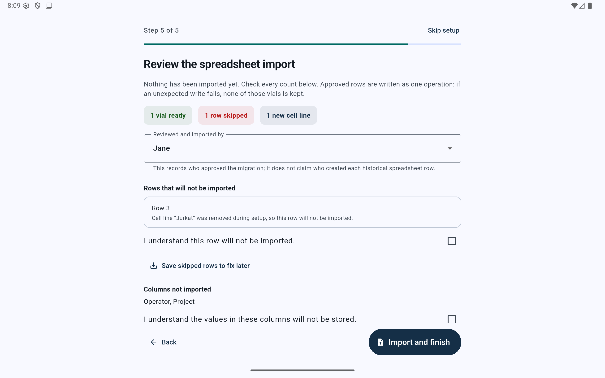 CryoIndex final spreadsheet review showing accepted and skipped counts, importing user, skipped-row explanation, ignored columns, and acknowledgement boxes.