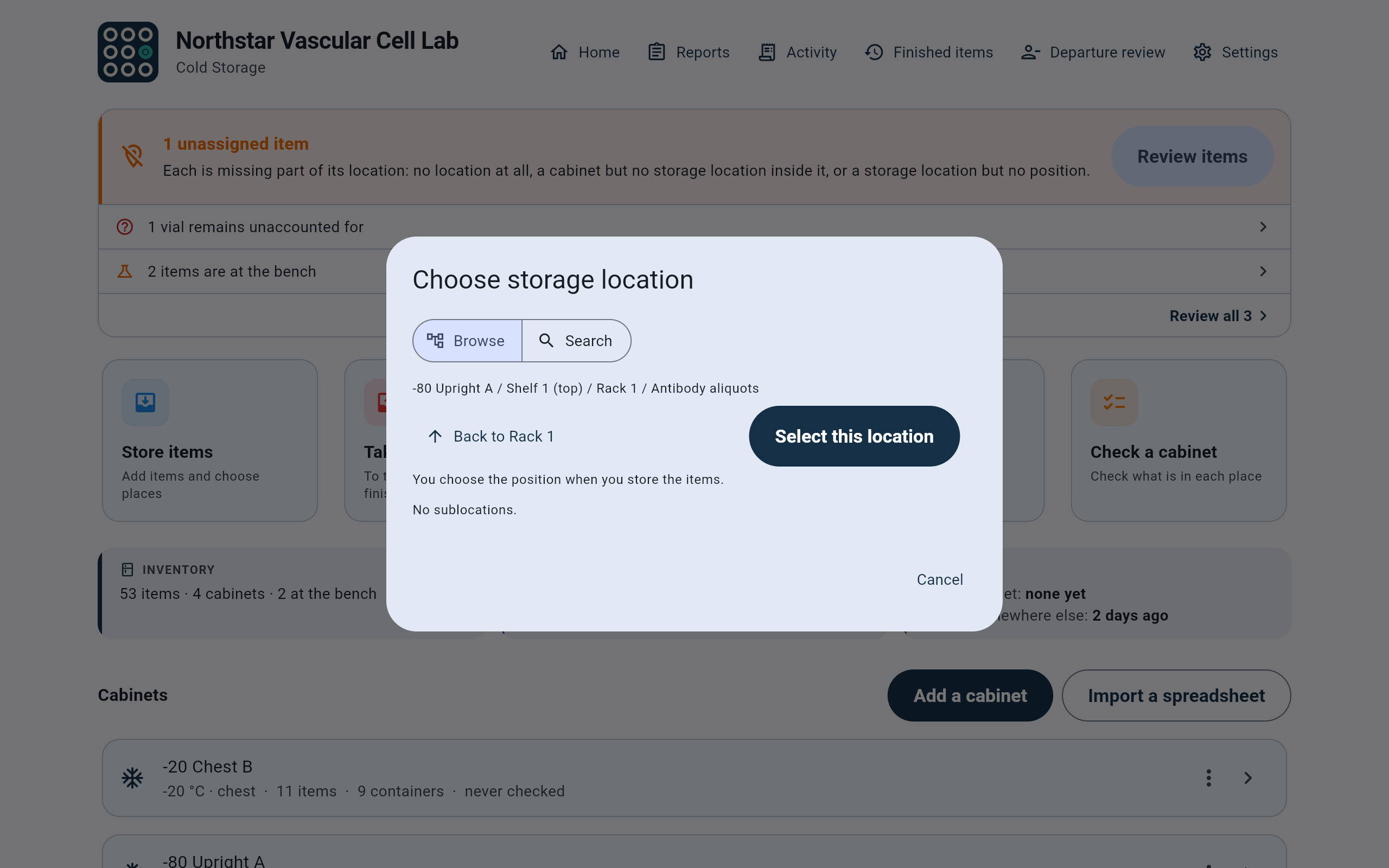 Choose storage location showing the path -80 Upright A / Shelf 1 (top) / Rack 1 / Antibody aliquots, Back to Rack 1, Select this location, and the line You choose the position when you store the items.