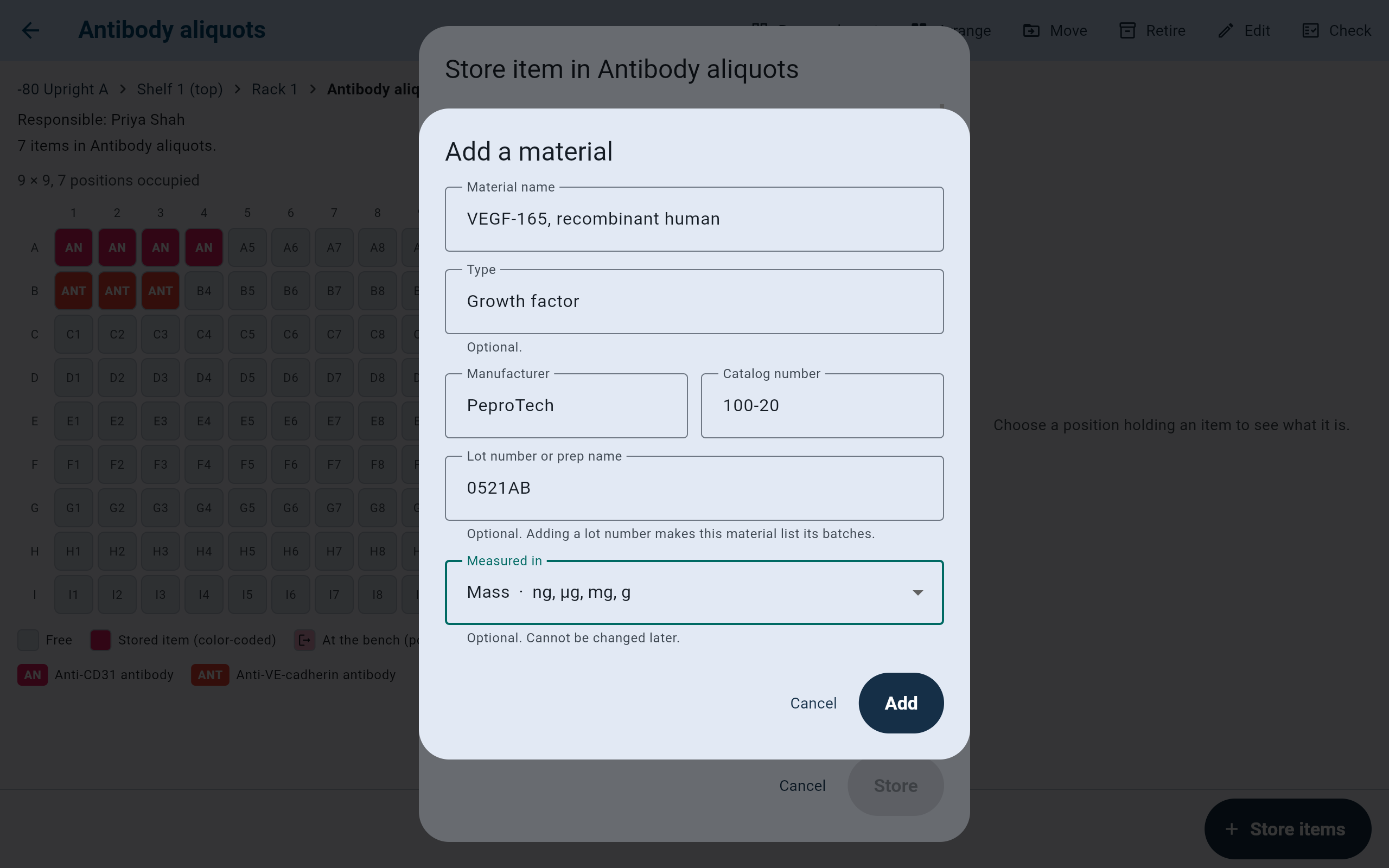 Add a material dialog with Material name VEGF-165, recombinant human, Type Growth factor, Manufacturer PeproTech, Catalog number 100-20, Lot number or prep name 0521AB, Measured in Mass, and Cancel and Add.