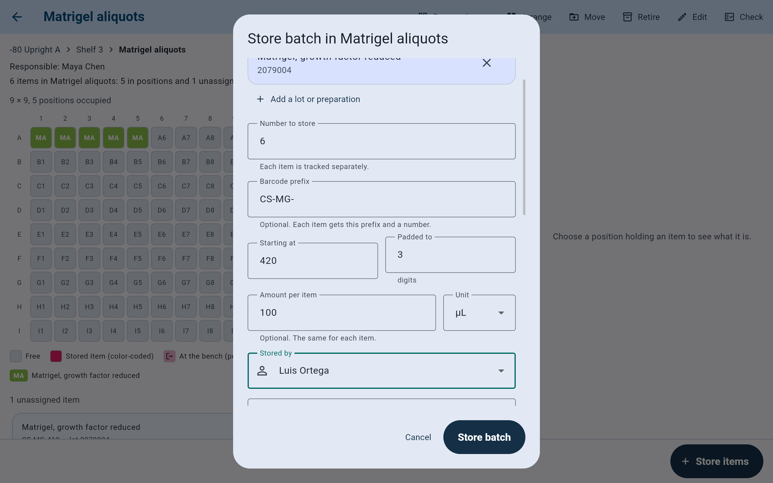 Store batch in Matrigel aliquots form with Matrigel lot 2079004, Number to store 6, Barcode prefix CS-MG-, Starting at 420, Padded to 3 digits, Amount per item 100 µL, and Stored by Luis Ortega.