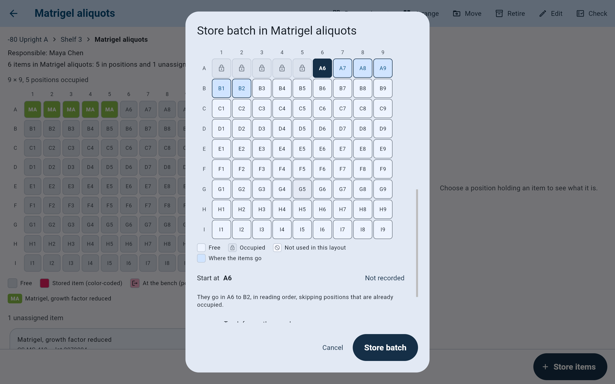 The batch form's grid with A1 to A5 occupied, A6 marked as the start, A7 to A9 and B1 to B2 shaded, the legend including Where the items go, Start at A6, Not recorded, the sentence They go in A6 to B2 in reading order, and Store batch.