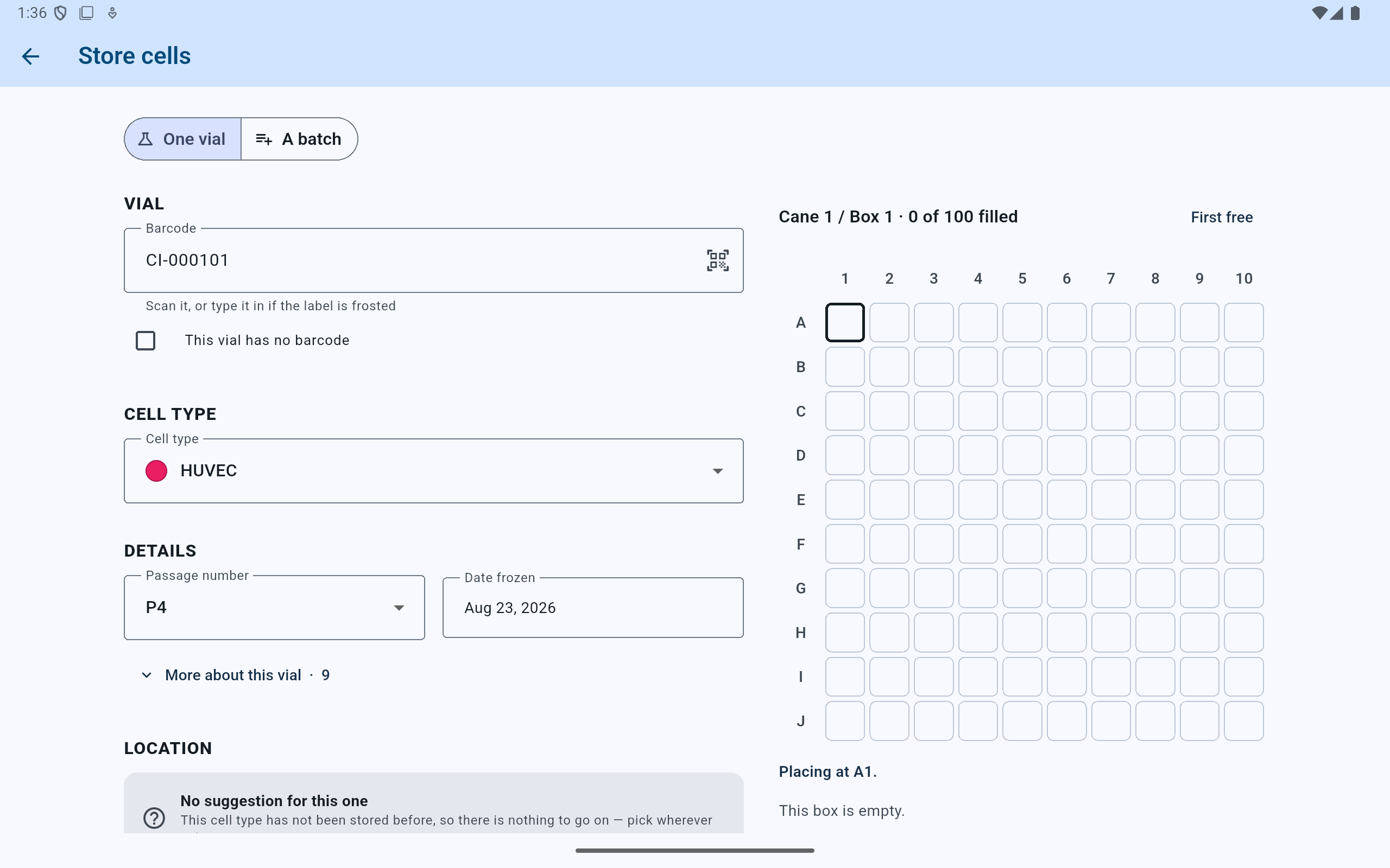 CryoIndex one-vial storage form showing a barcode, HUVEC cell type, passage P4, freeze date, and a 10 by 10 box grid.