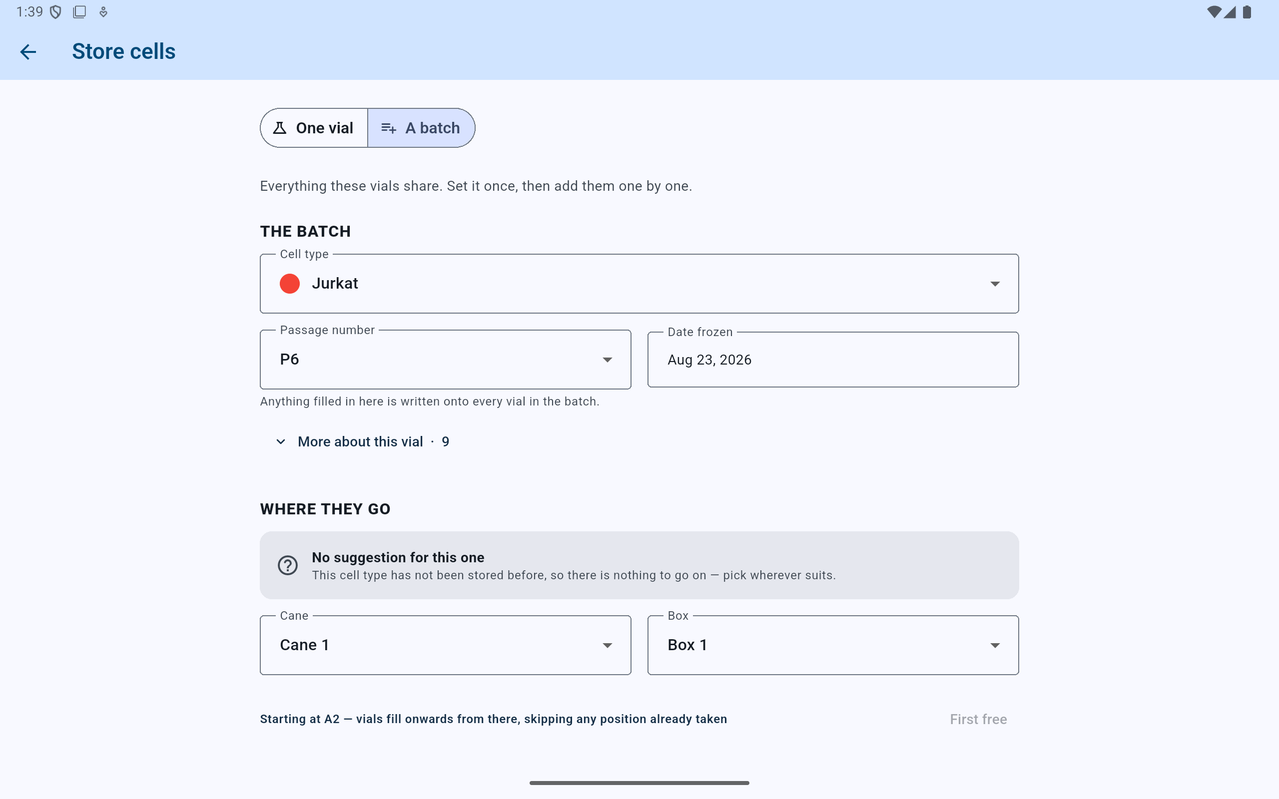 CryoIndex batch form showing Jurkat, passage P6, the freeze date, Cane 1, Box 1, and a start at A2.