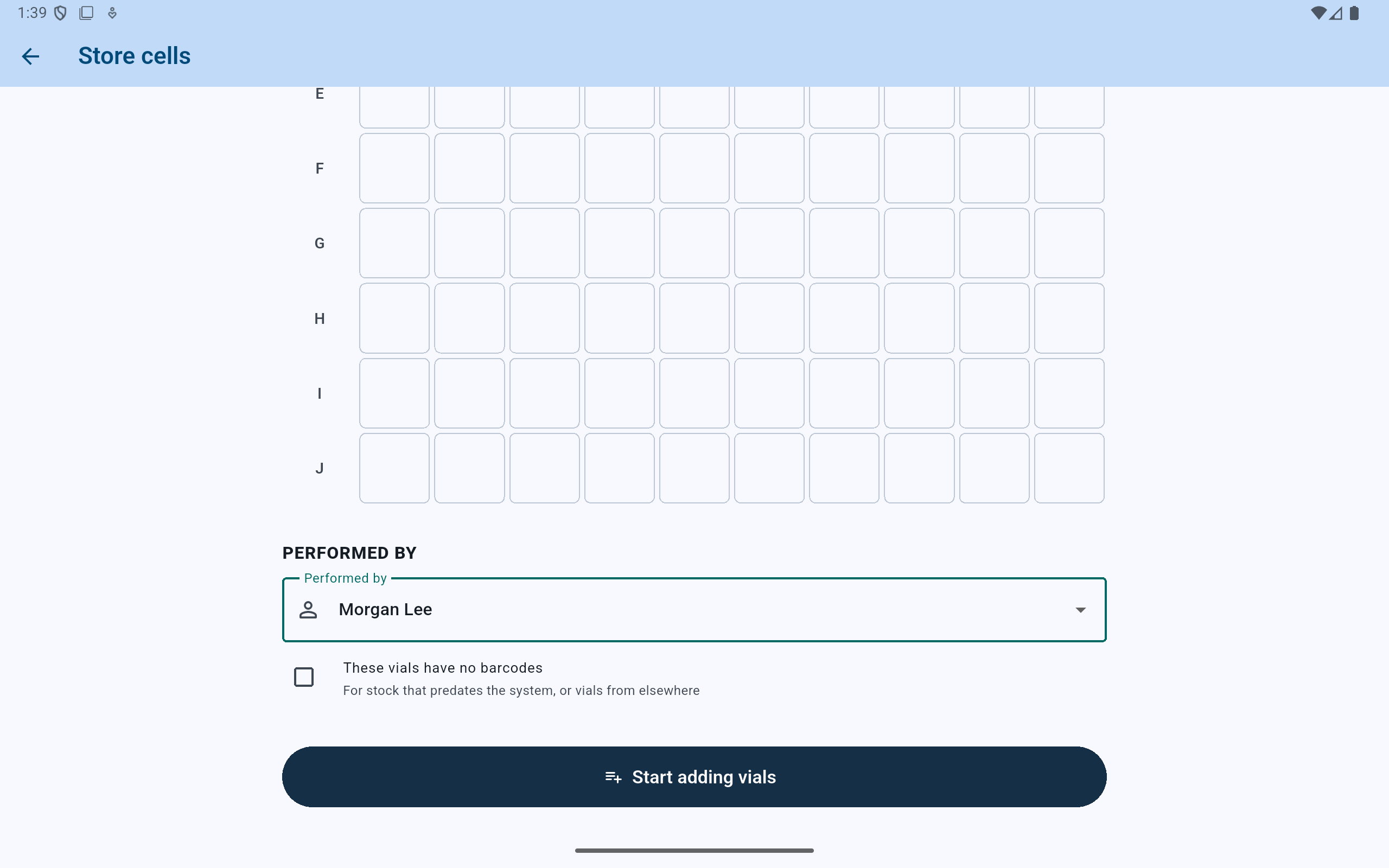 Lower batch setup form showing Morgan Lee as operator, an unchecked unbarcoded-vials option, and Start adding vials.