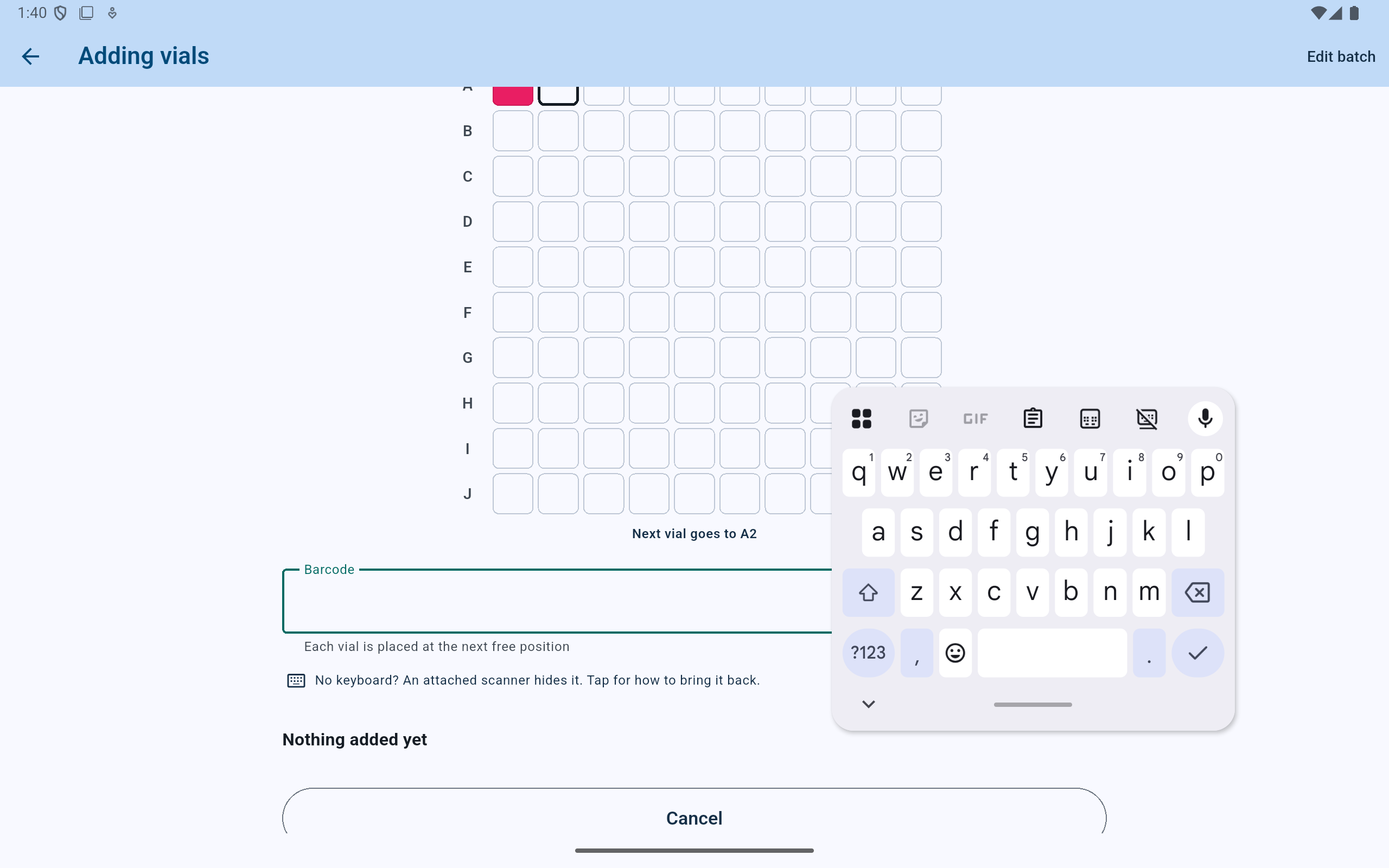 CryoIndex Adding vials screen with the next position A2, a focused barcode field, and the tablet keyboard.