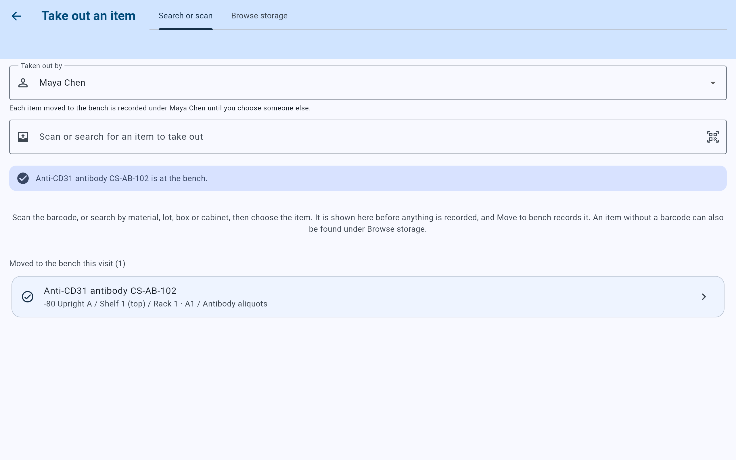 CryoIndex Take out an item after moving CS-AB-102: a green message Anti-CD31 antibody CS-AB-102 is at the bench, an empty search field, and the list Moved to the bench this visit (1) with CS-AB-102 and its place.