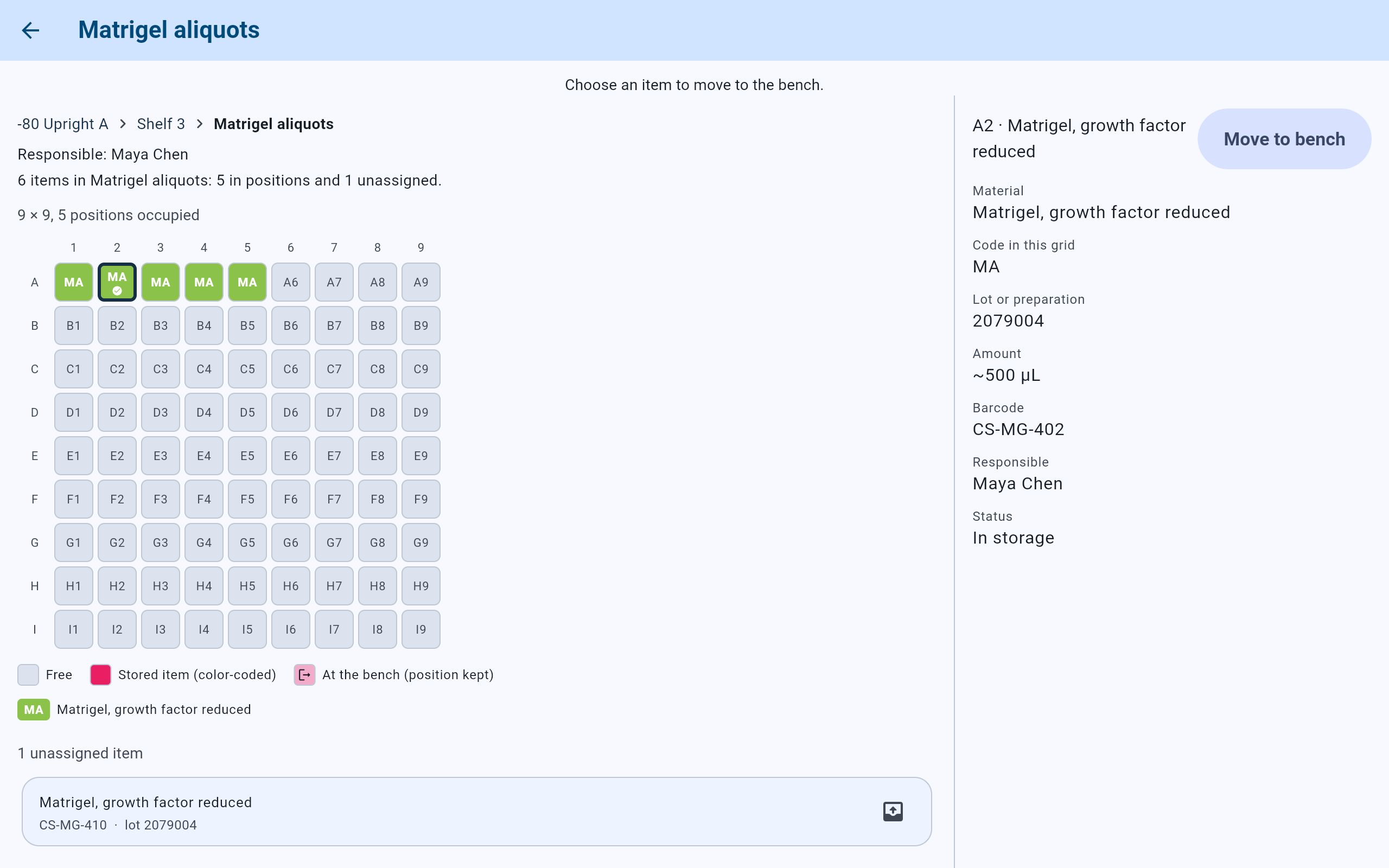 CryoIndex box Matrigel aliquots opened from Take out, with the line Choose an item to move to the bench, position A2 selected in the grid, its details beside the grid with a Move to bench button, and one unassigned item, CS-MG-410, listed under the grid.