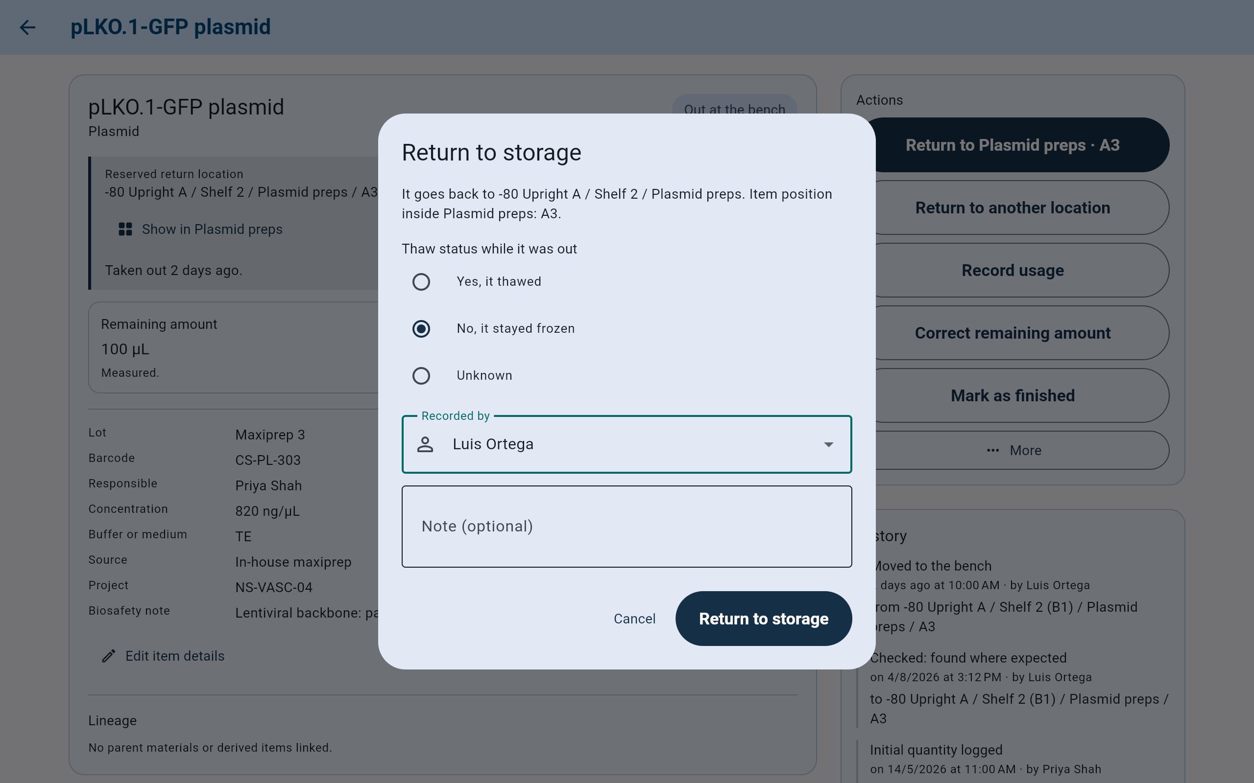 CryoIndex Return to storage dialog: It goes back to -80 Upright A / Shelf 2 / Plasmid preps, Item position inside Plasmid preps: A3; Thaw status while it was out with No, it stayed frozen selected; Recorded by Luis Ortega; a note field; Cancel and Return to storage.