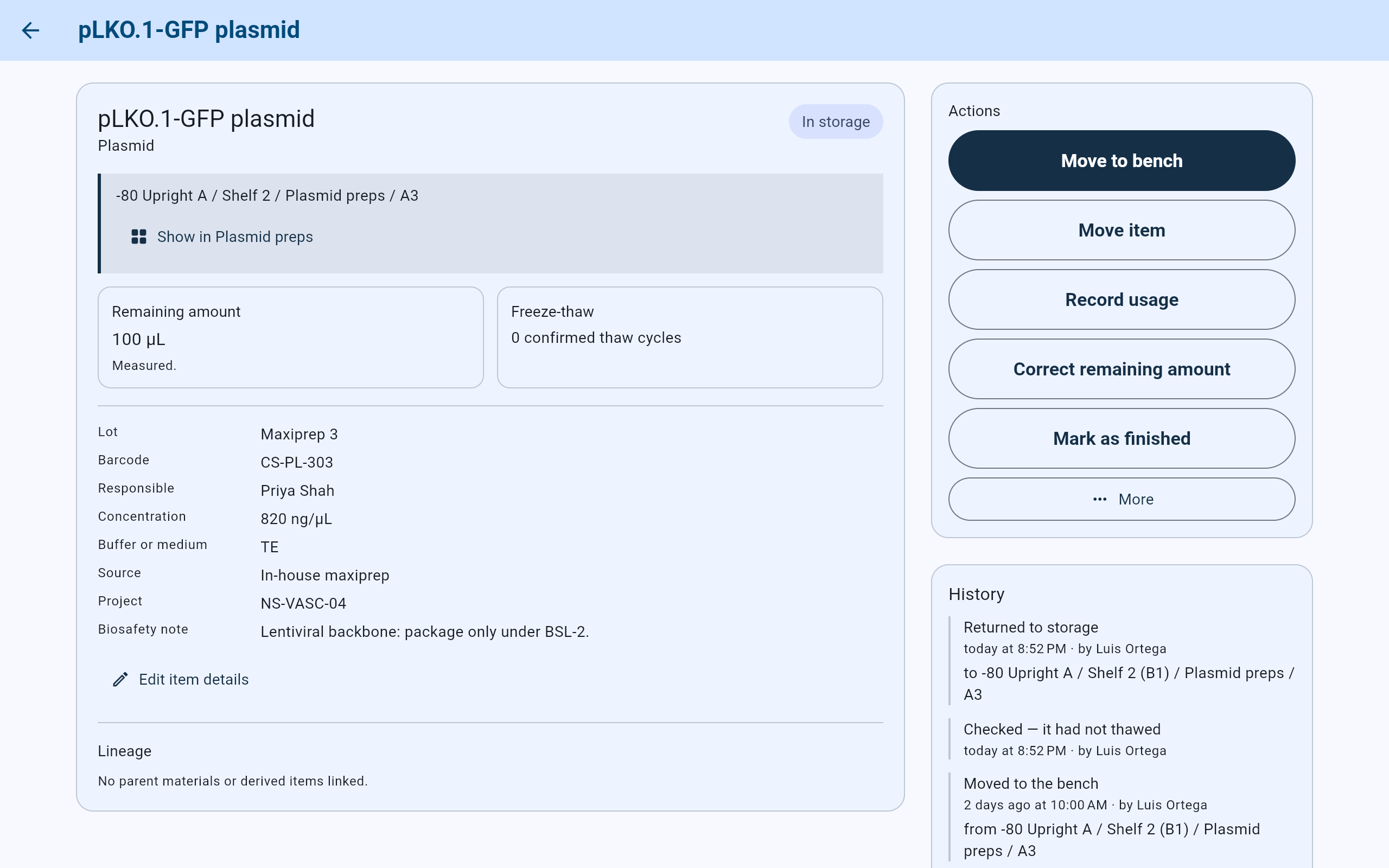 CryoIndex item screen for pLKO.1-GFP plasmid after the return: In storage at -80 Upright A, Shelf 2, Plasmid preps, A3, main action Move to bench, and History starting with Returned to storage today by Luis Ortega and Checked — it had not thawed.