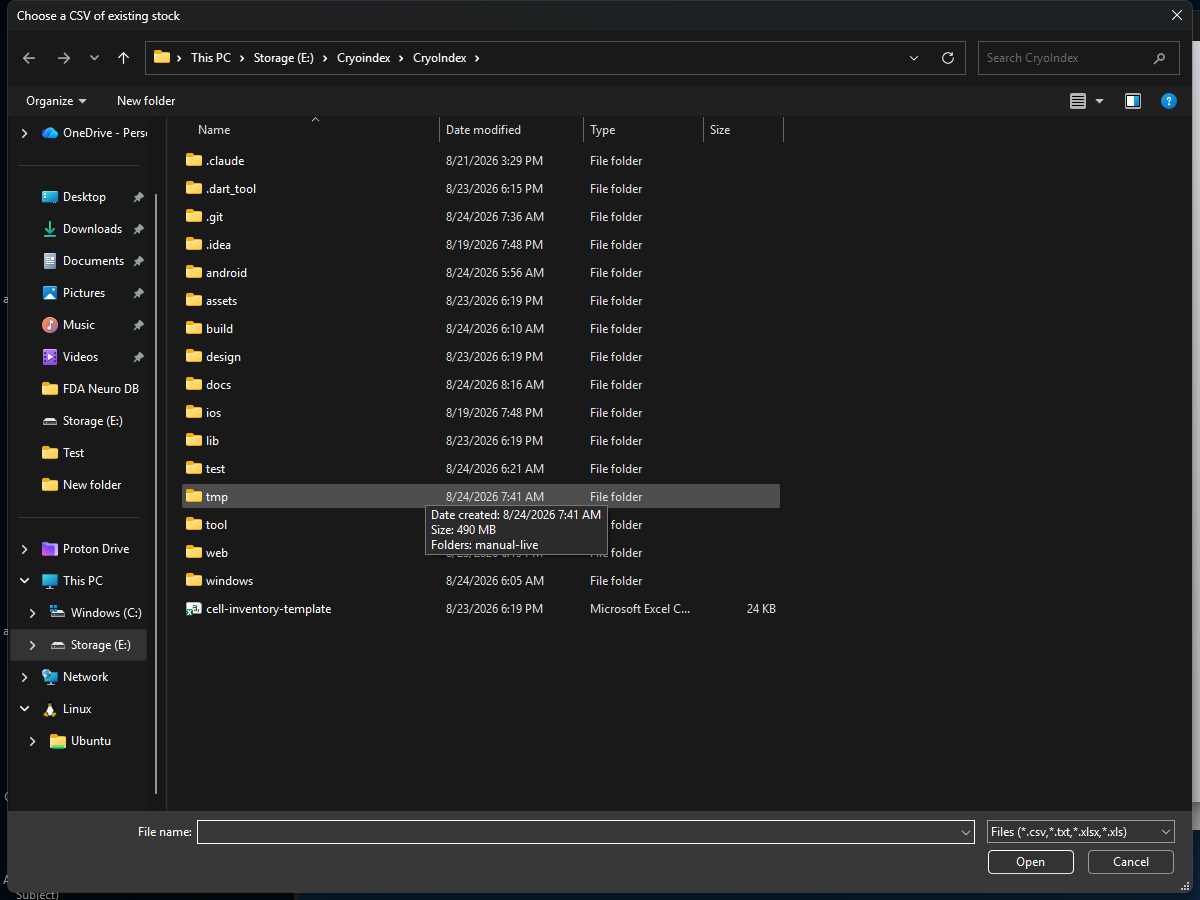 Windows Open dialog used to select a CSV during first-run CryoIndex setup.