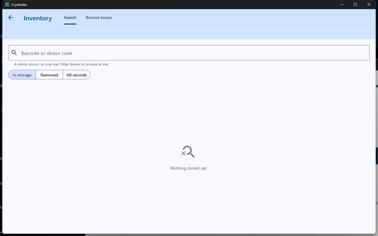 Windows inventory search showing a Barcode or donor code field and separate record filters.