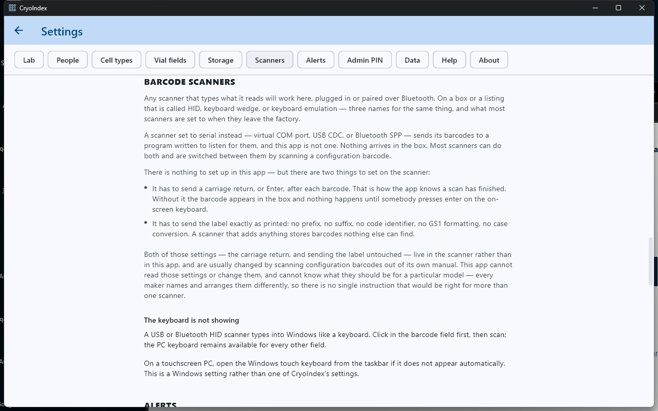 CryoIndex Windows Scanner settings describing HID scanners, Enter termination, and unchanged barcode text.