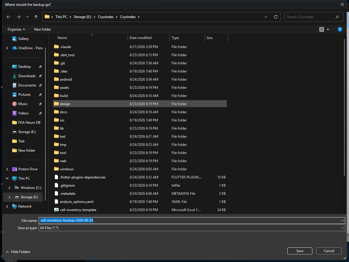 Windows Save dialog for a CryoIndex backup file.