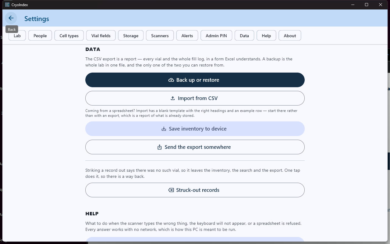 CryoIndex Windows Data settings with backup, CSV import, export, and struck-out records.