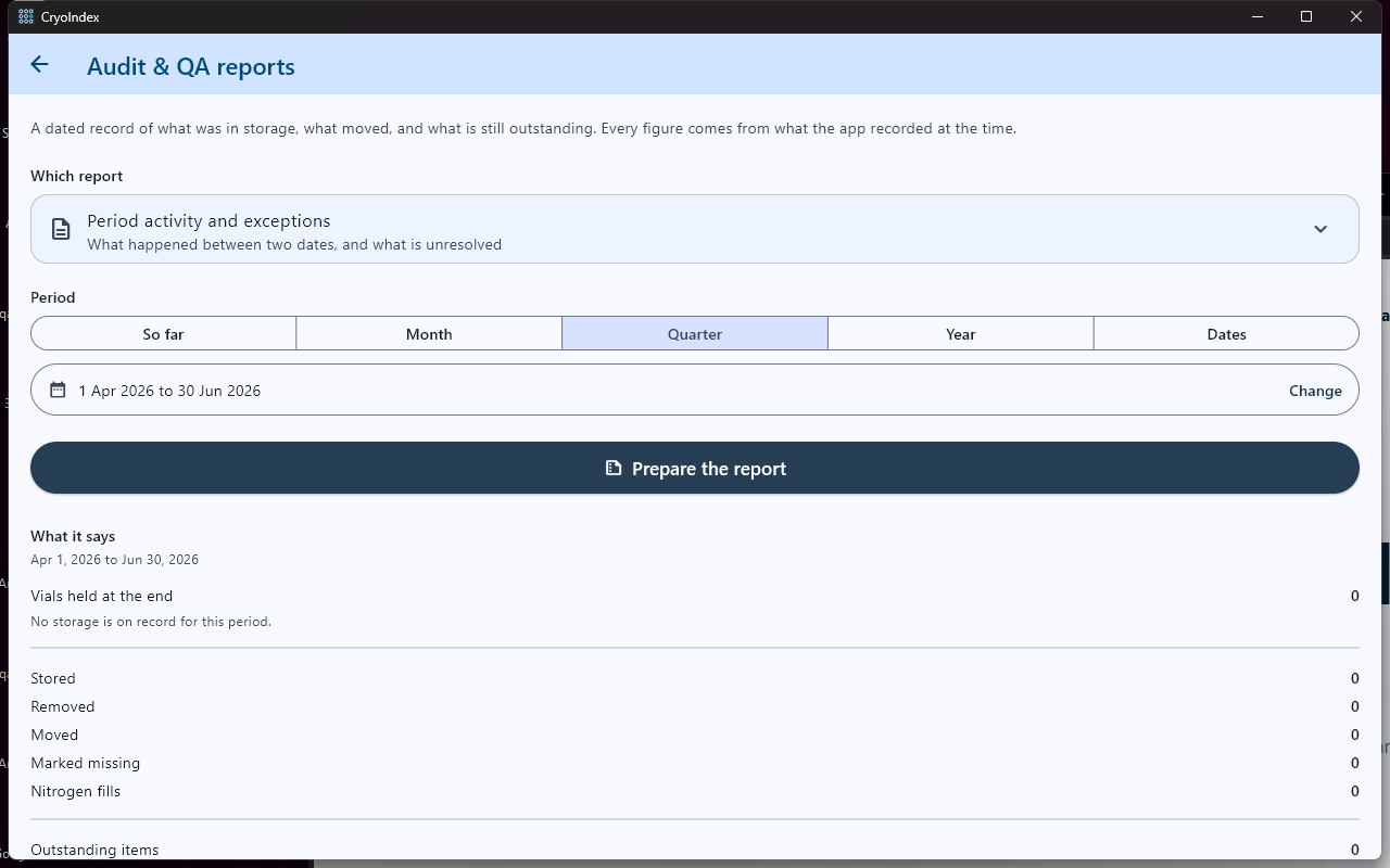 CryoIndex Windows Audit and QA report builder showing report type, quarter, dates, and Prepare the report.