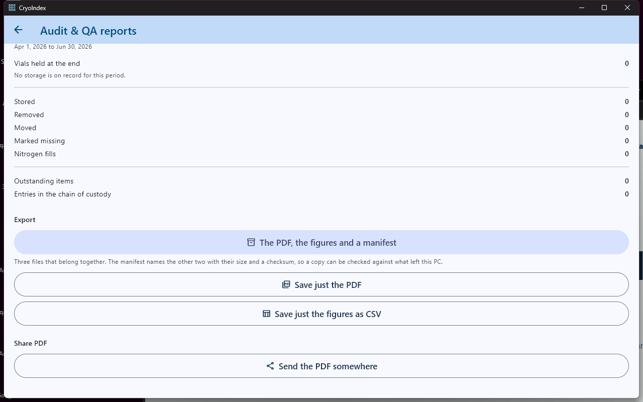 Prepared CryoIndex Windows report showing PDF, manifest, CSV, and sharing controls.