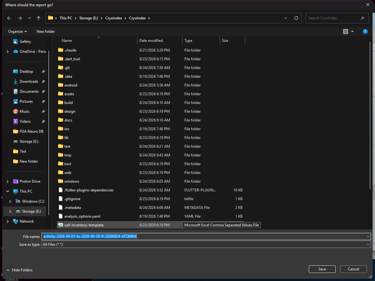 Windows Save dialog for a CryoIndex Audit and QA report PDF.