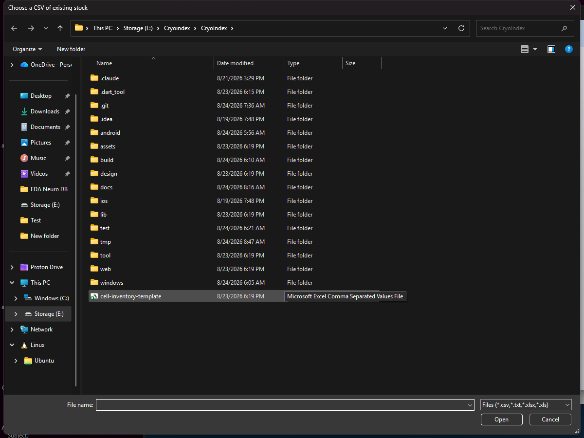 Windows Open dialog used to choose an established-lab CSV for CryoIndex import.