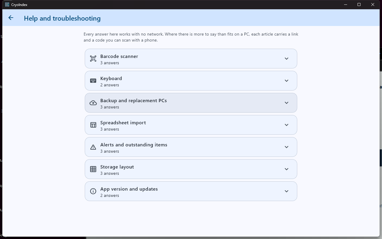 CryoIndex Windows offline help categories with barcode scanner, keyboard, backups, spreadsheets, alerts, storage, and updates.