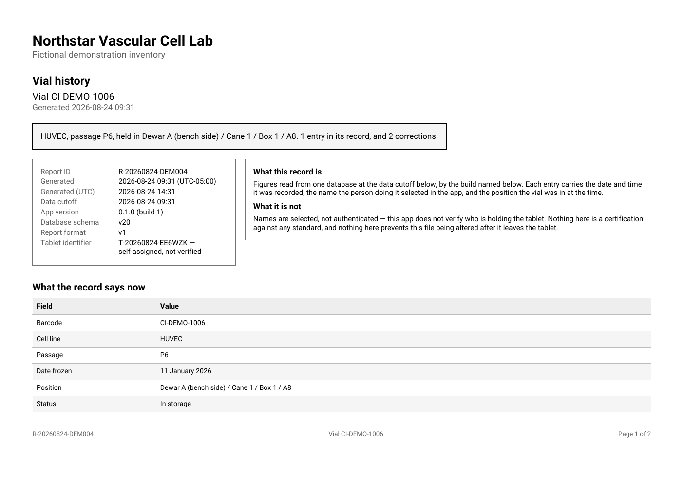 First page of a fictional CryoIndex vial history report.